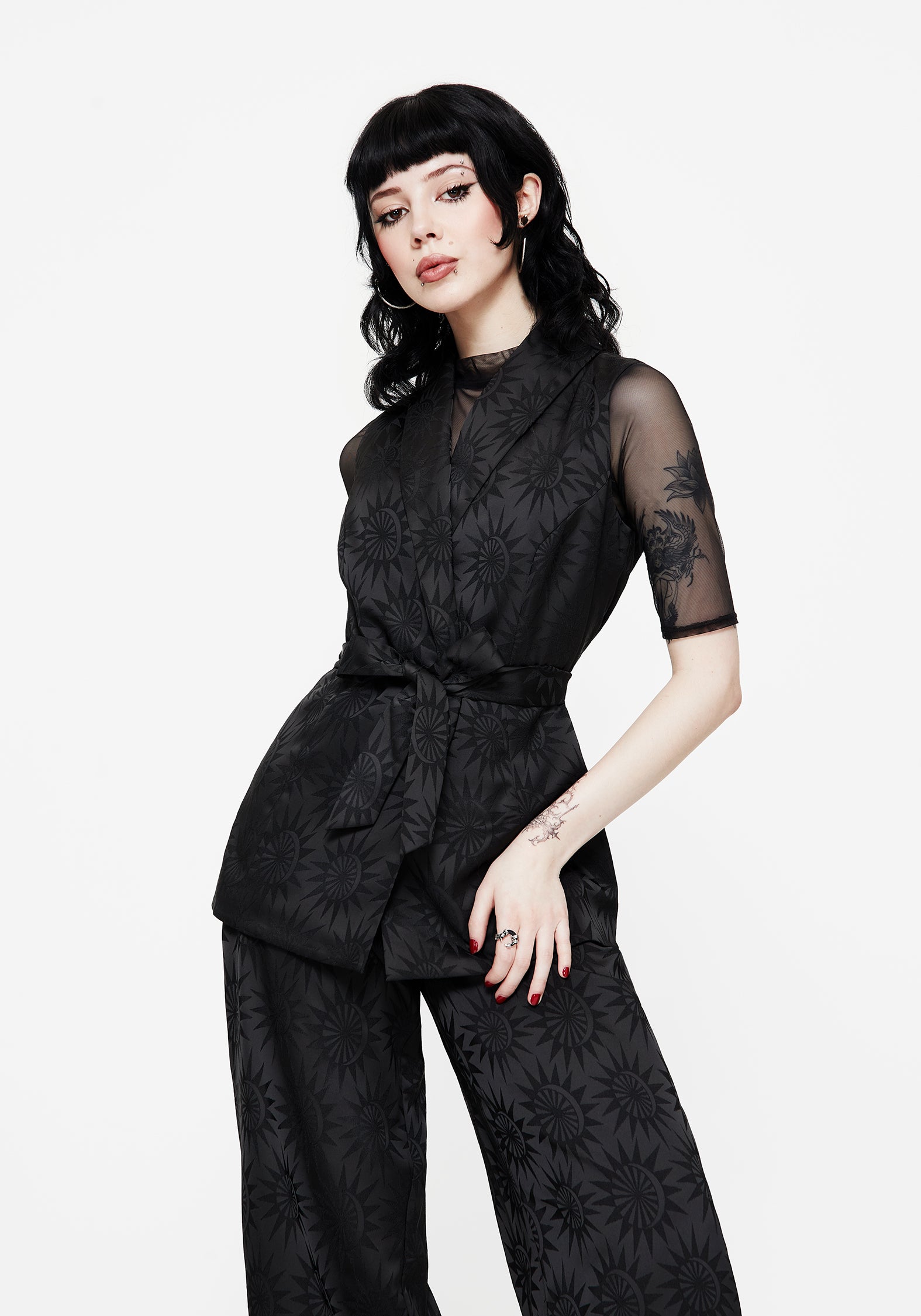 Celestial Printed Waistcoat with Star Jacquard & Waist-Tie | Semine