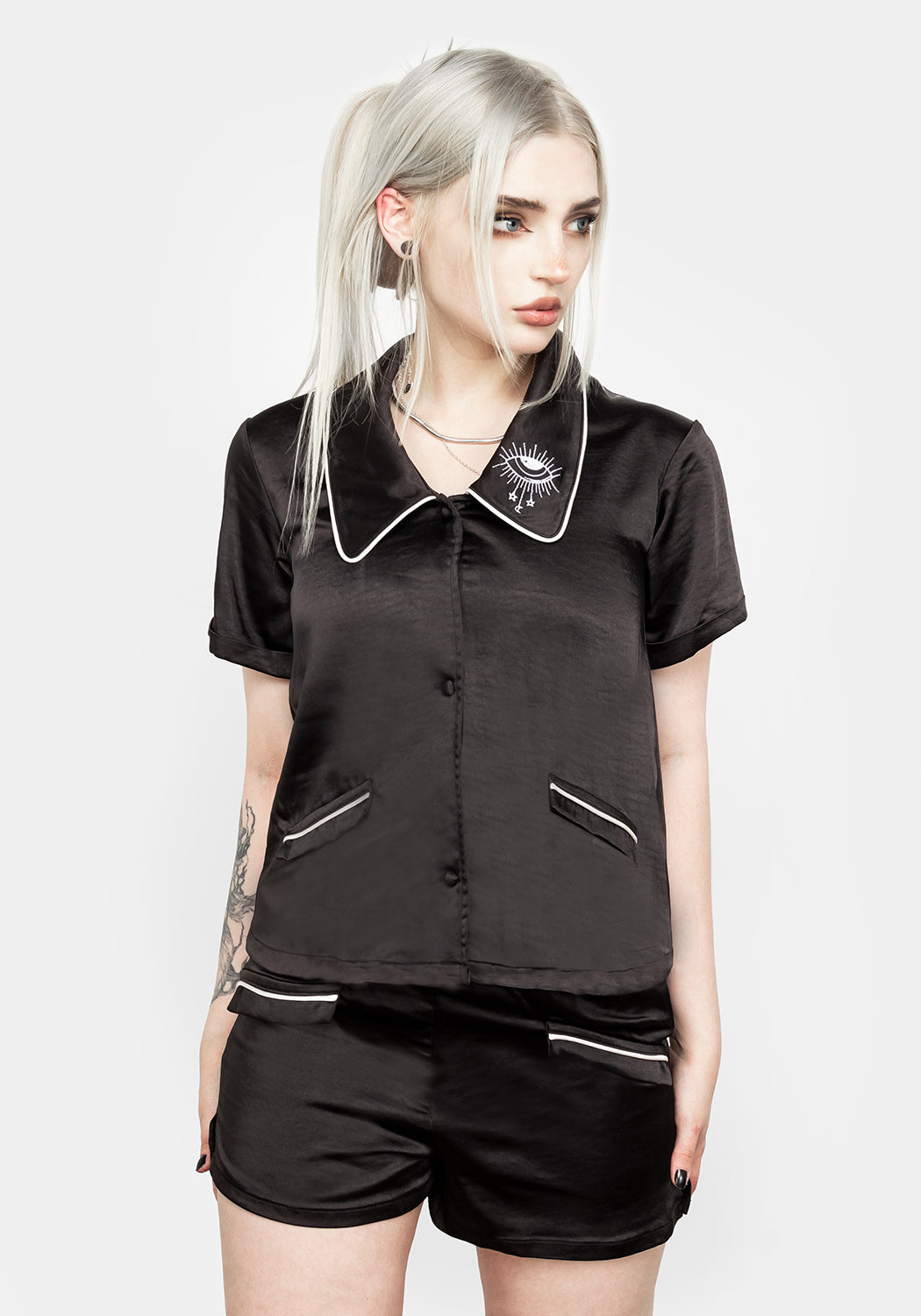 Silky Black Pyjama Top with Peter Pan Collar & Eye Embroidery | Lullaby