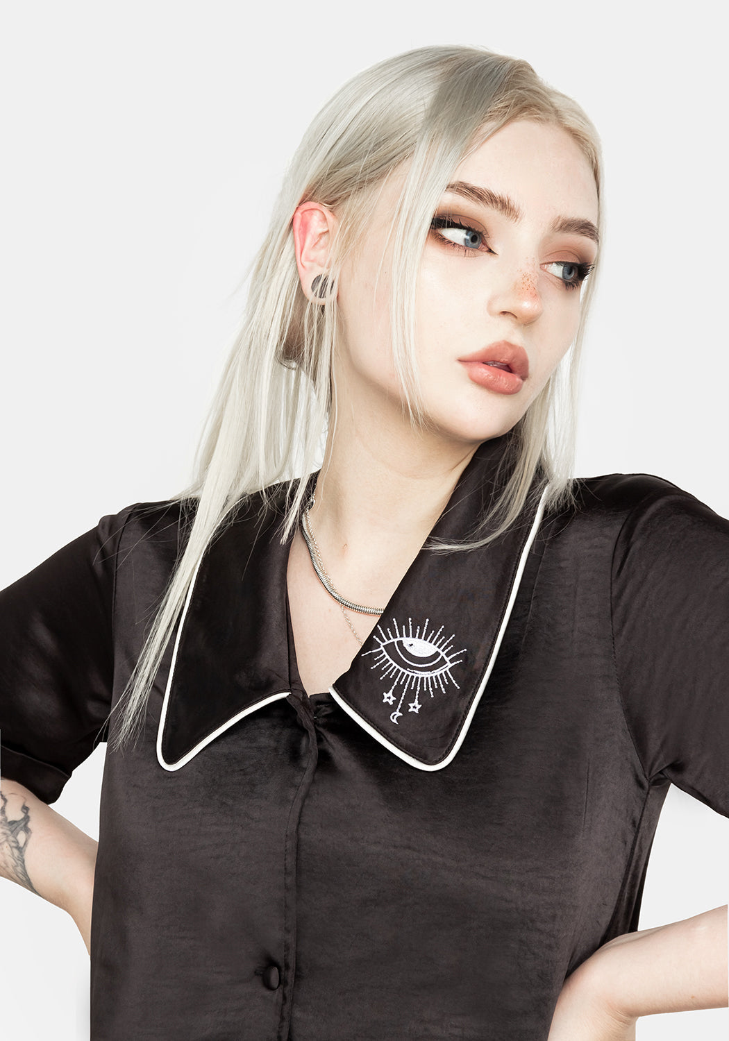 Silky Black Pyjama Top with Peter Pan Collar & Eye Embroidery | Lullaby