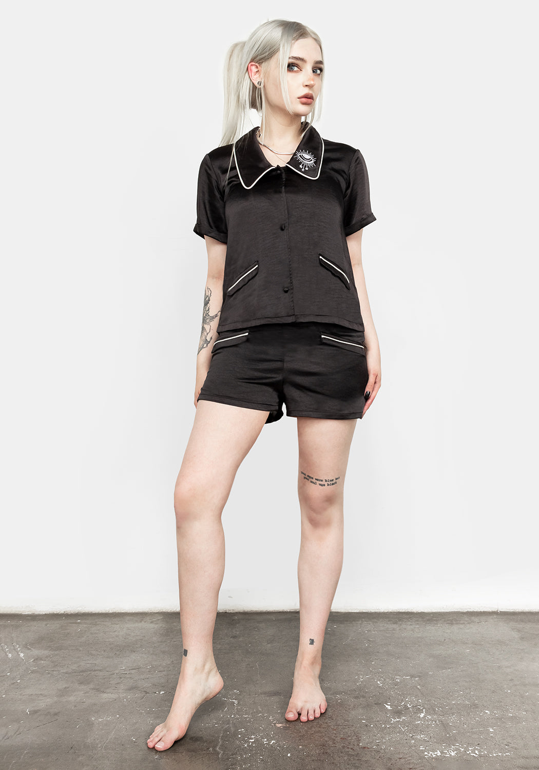 Silky Black Pyjama Top with Peter Pan Collar & Eye Embroidery | Lullaby