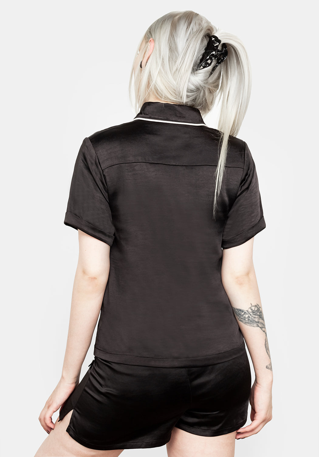 Silky Black Pyjama Top with Peter Pan Collar & Eye Embroidery | Lullaby