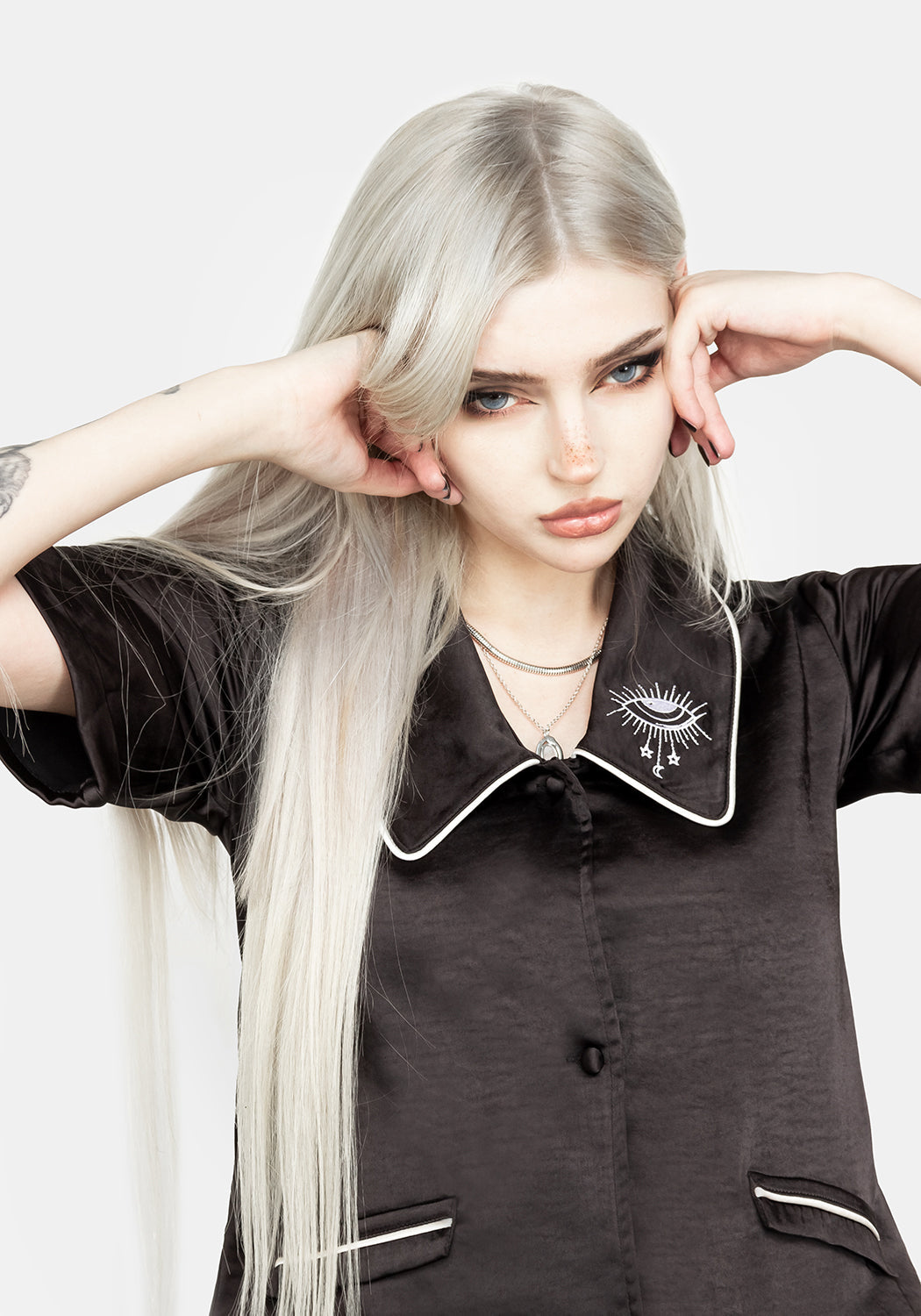 Silky Black Pyjama Top with Peter Pan Collar & Eye Embroidery | Lullaby