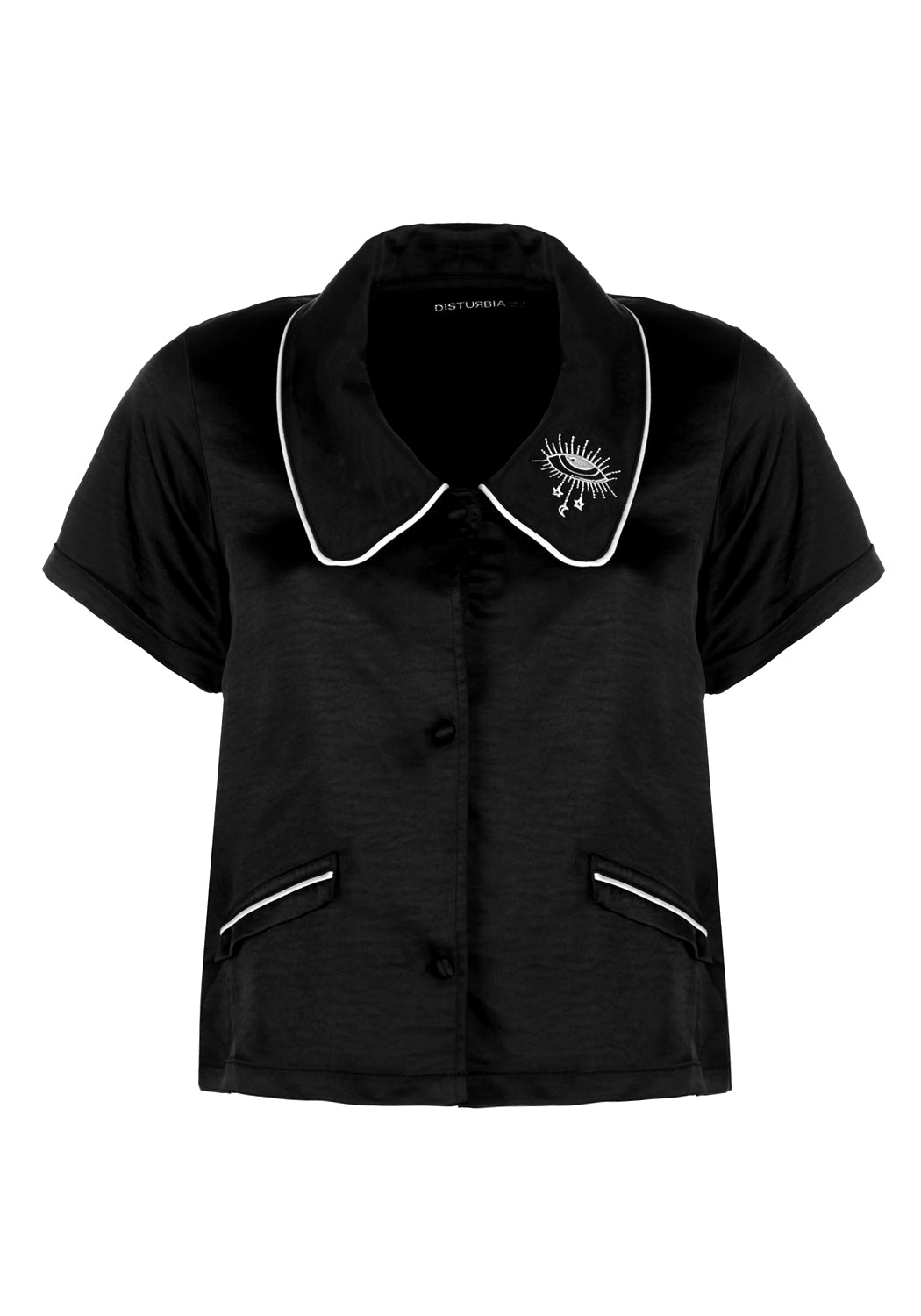 Silky Black Pyjama Top with Peter Pan Collar & Eye Embroidery | Lullaby