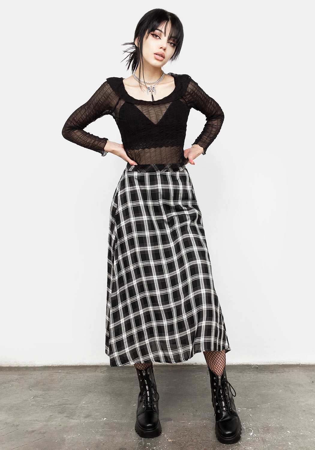 Grey Check Midi Skirt with Elastic Waistband & Lining | Albion