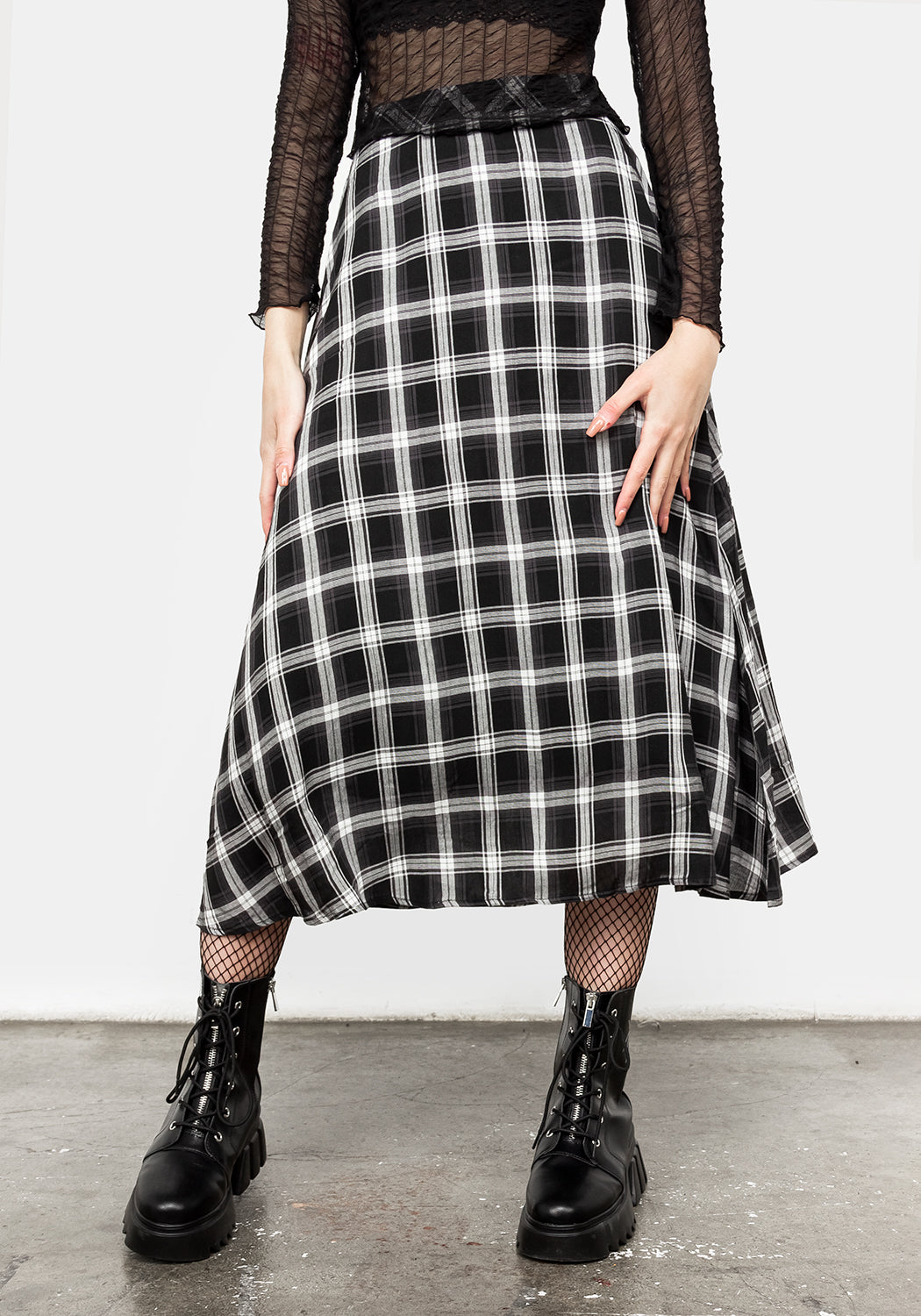 Grey Check Midi Skirt with Elastic Waistband & Lining | Albion