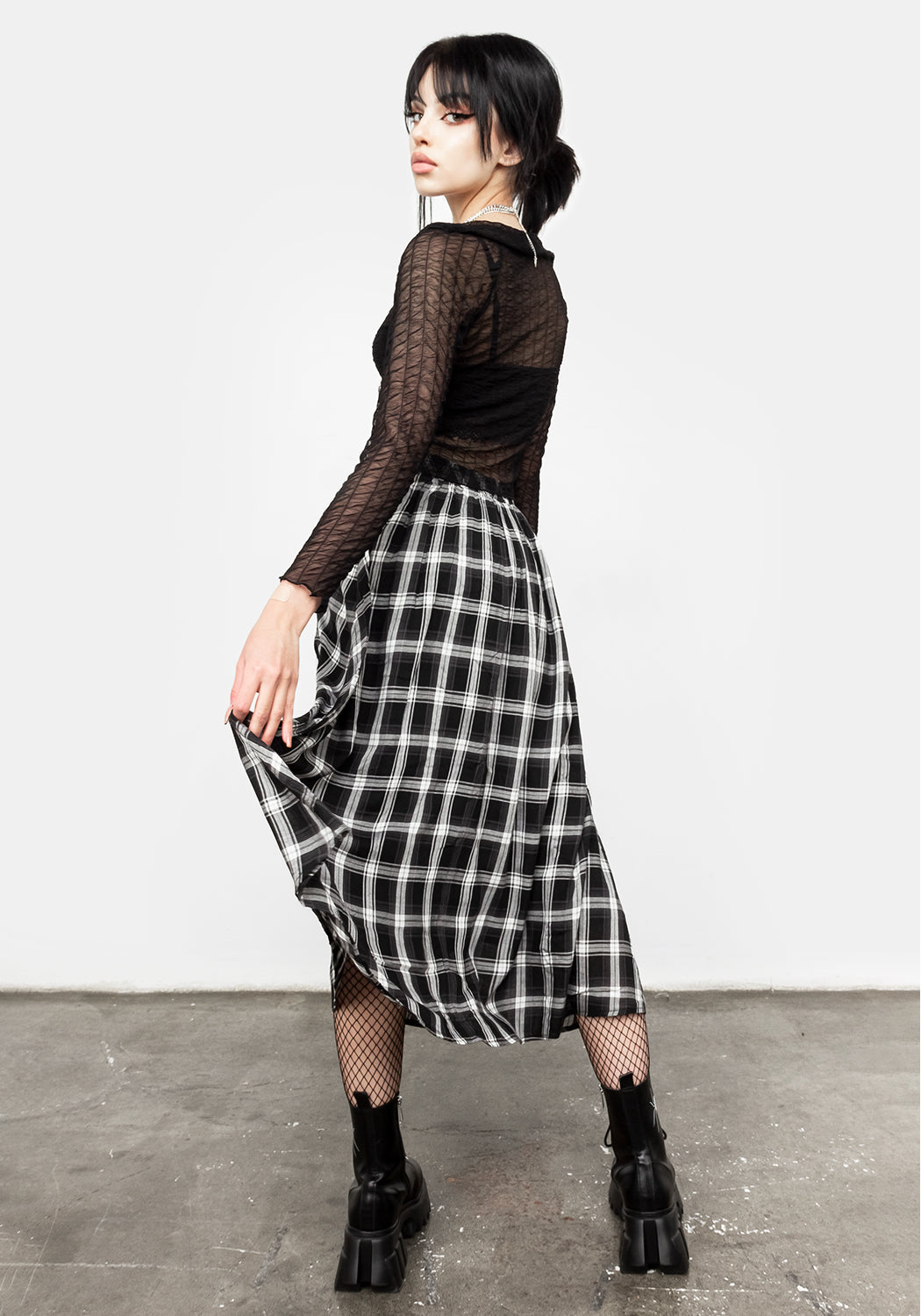 Grey Check Midi Skirt with Elastic Waistband & Lining | Albion