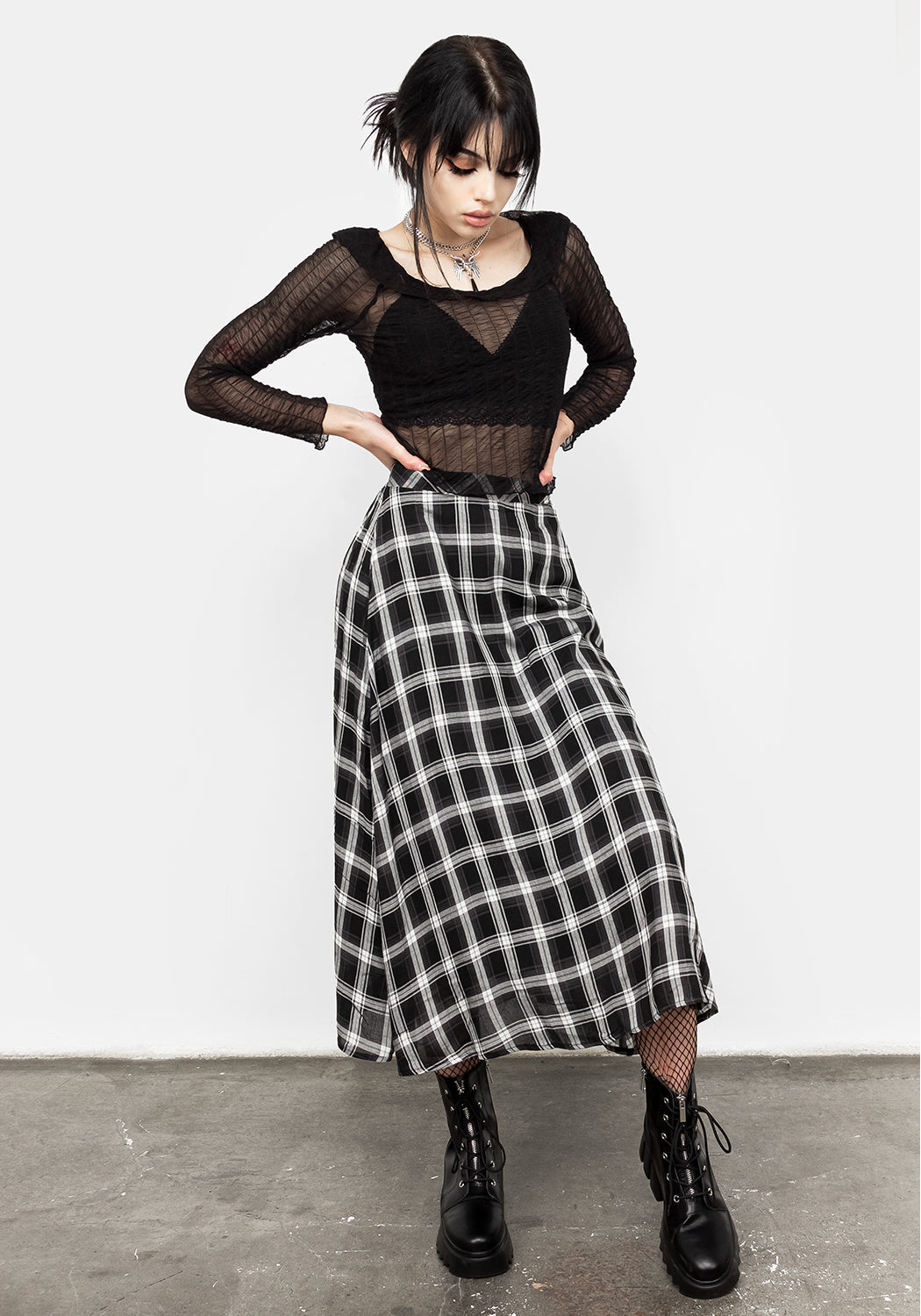 Grey Check Midi Skirt with Elastic Waistband & Lining | Albion