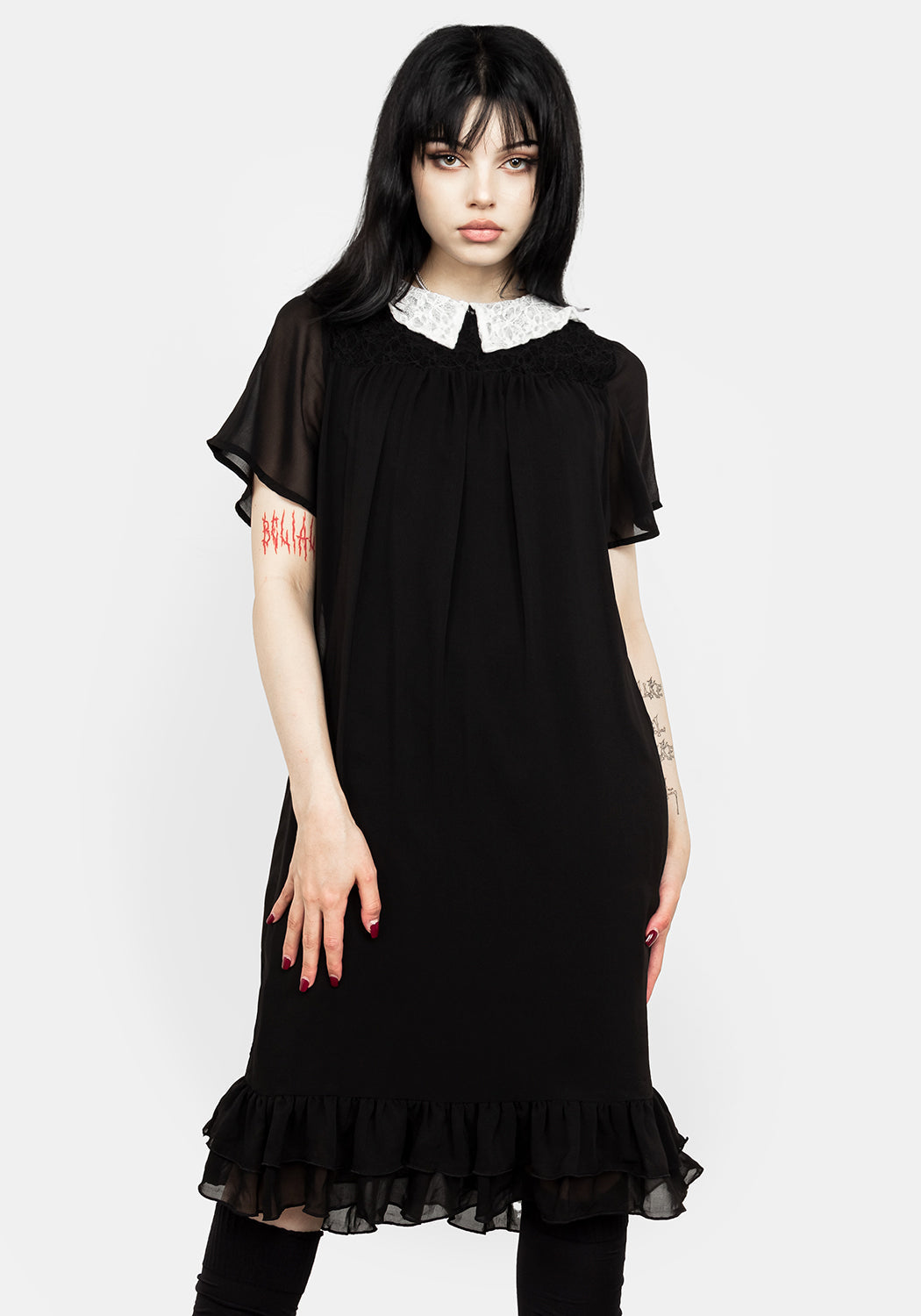 White Collar Chiffon Midi Dress with Lace Details | HYMN