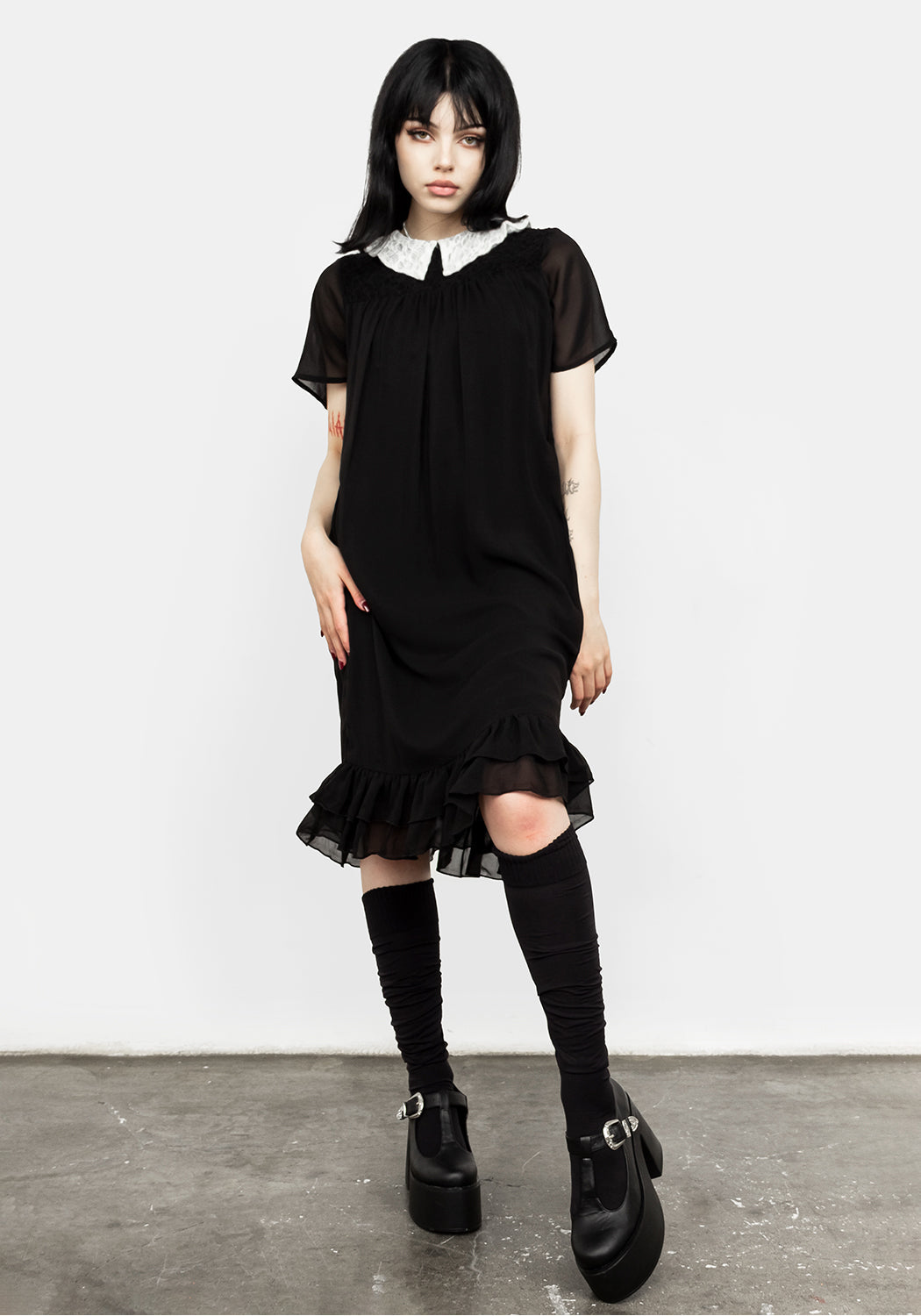 White Collar Chiffon Midi Dress with Lace Details | HYMN
