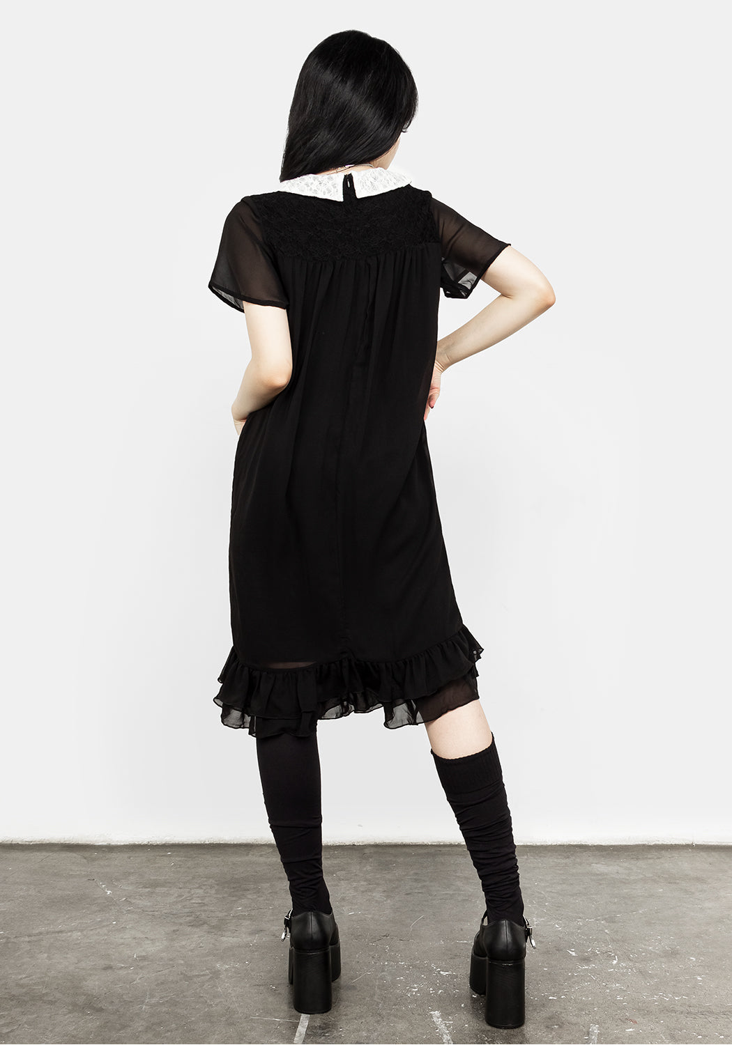 White Collar Chiffon Midi Dress with Lace Details | HYMN