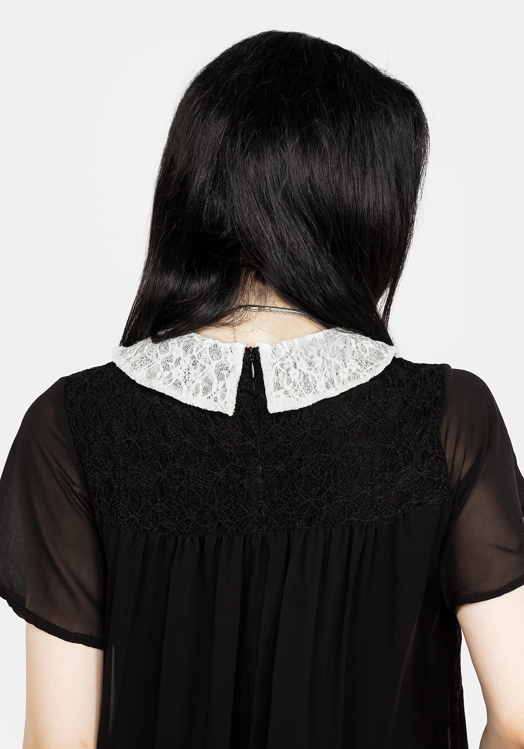 White Collar Chiffon Midi Dress with Lace Details | HYMN