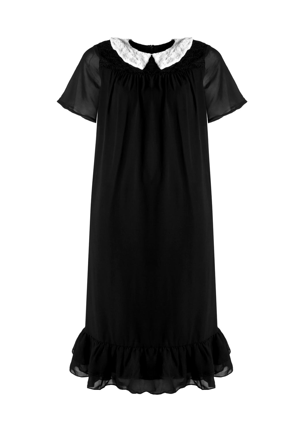 White Collar Chiffon Midi Dress with Lace Details | HYMN