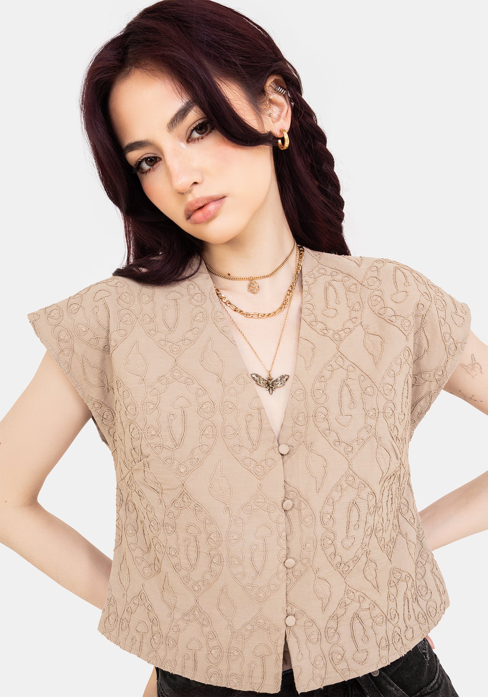 Textured Cotton Blouse with Floral Embroidery & V-Neck | Suma