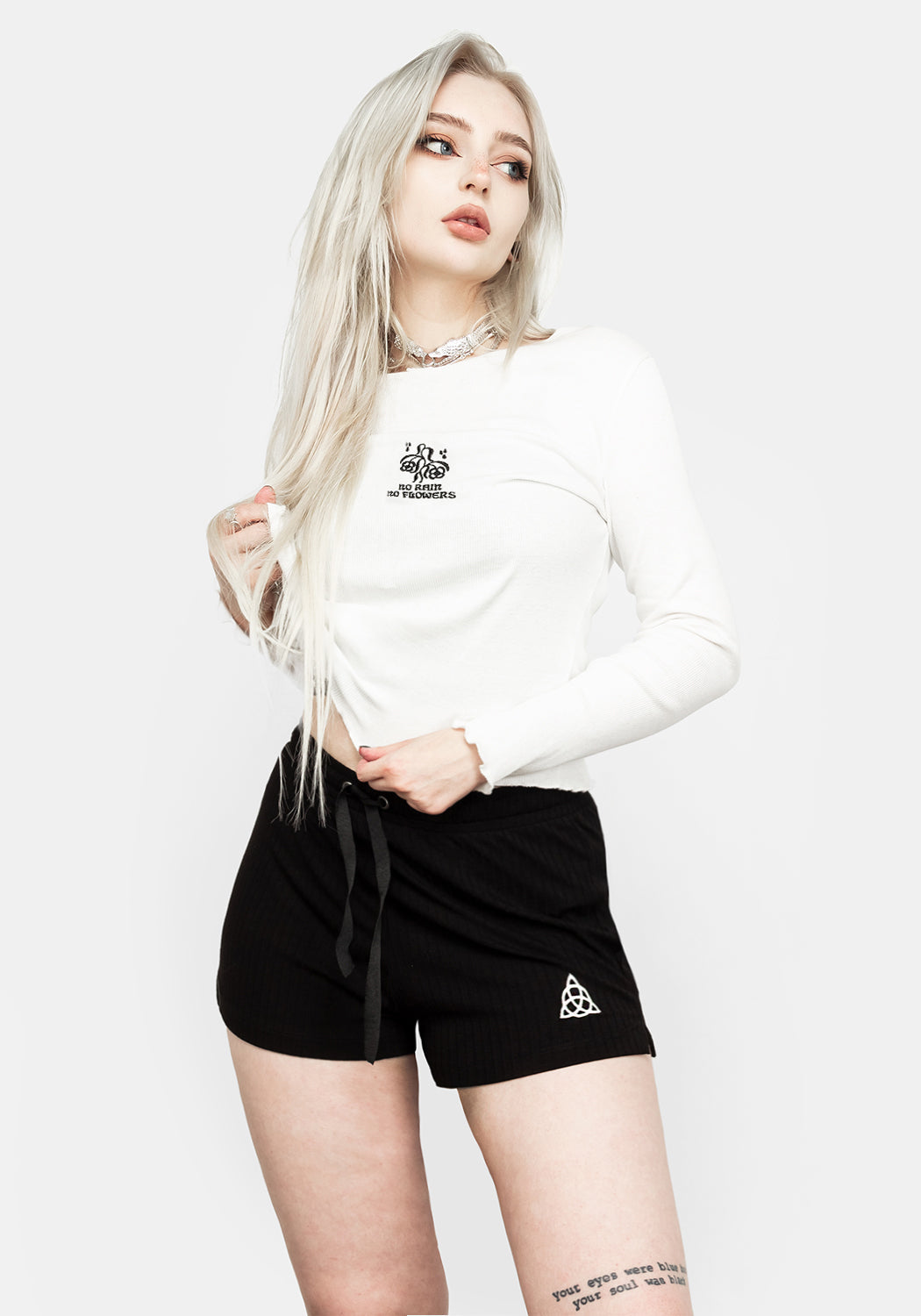 Black Ribbed Lounge Shorts with Pagan Embroidery | 90s Style