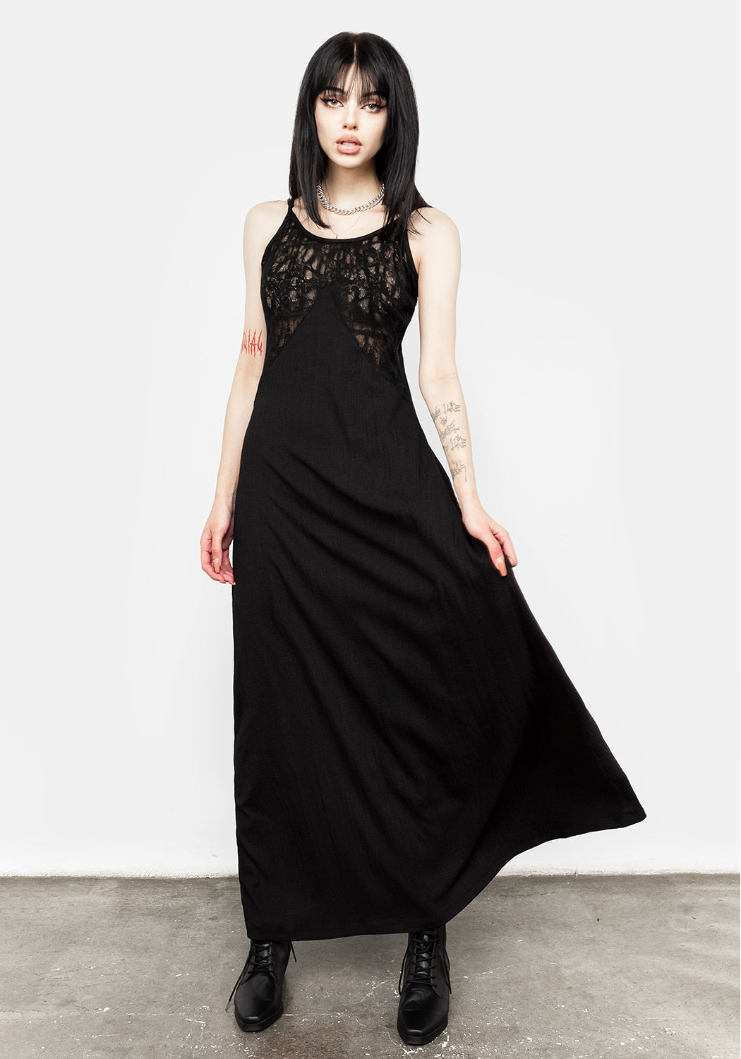 Black Lace Panel Midi Slip Dress with Adjustable Straps | Libertina