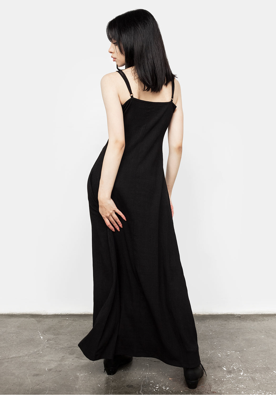 Black Lace Panel Midi Slip Dress with Adjustable Straps | Libertina