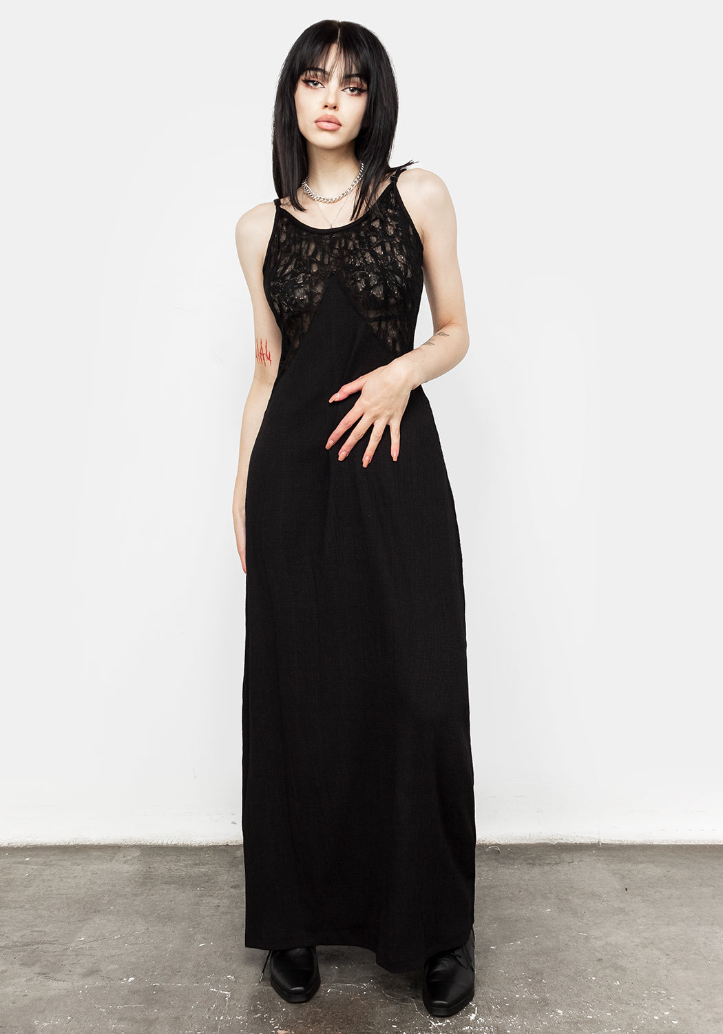 Black Lace Panel Midi Slip Dress with Adjustable Straps | Libertina