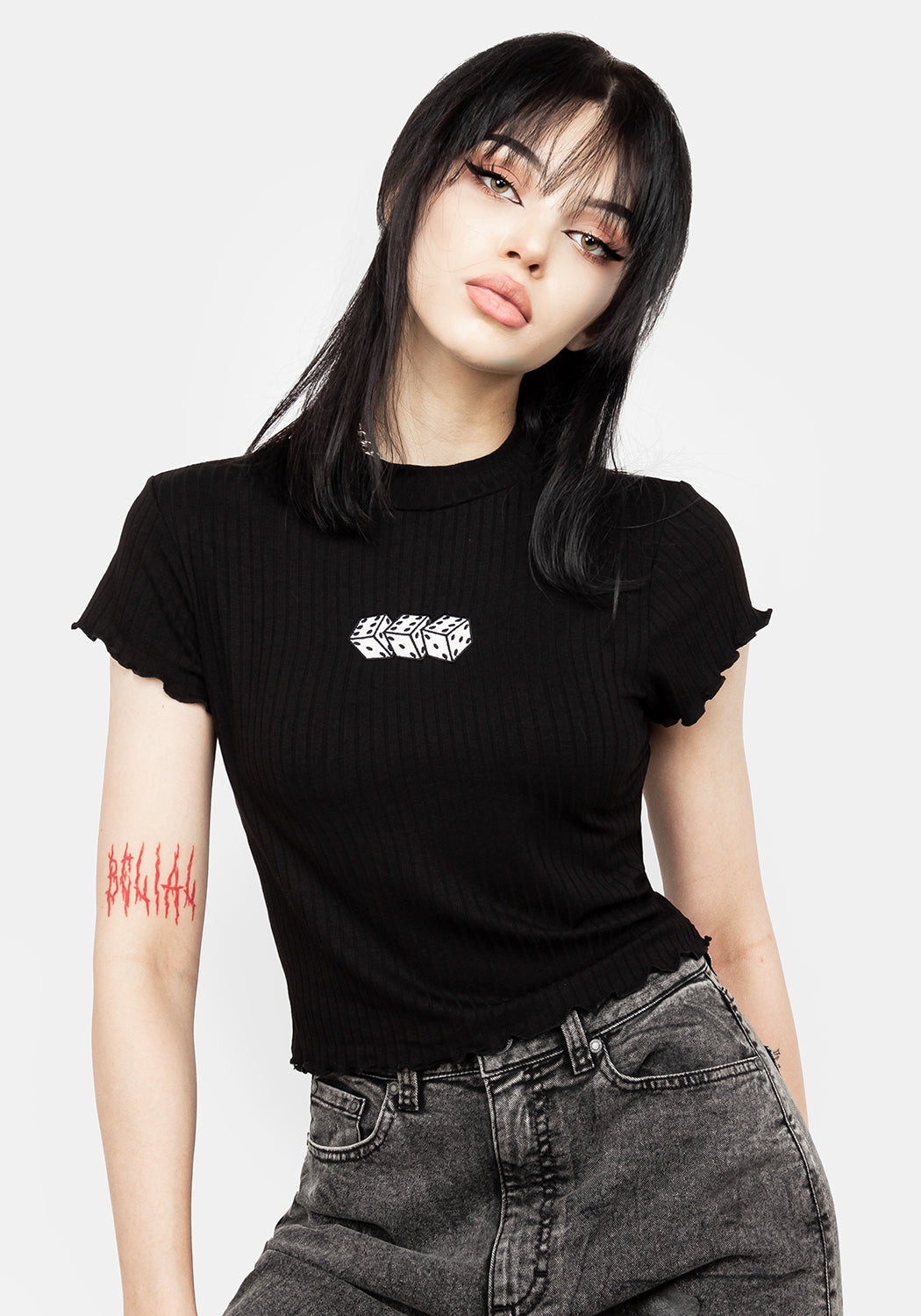Black Ribbed Crop Top with Lettuce Edge & 666 Embroidery | Satanic Fashion