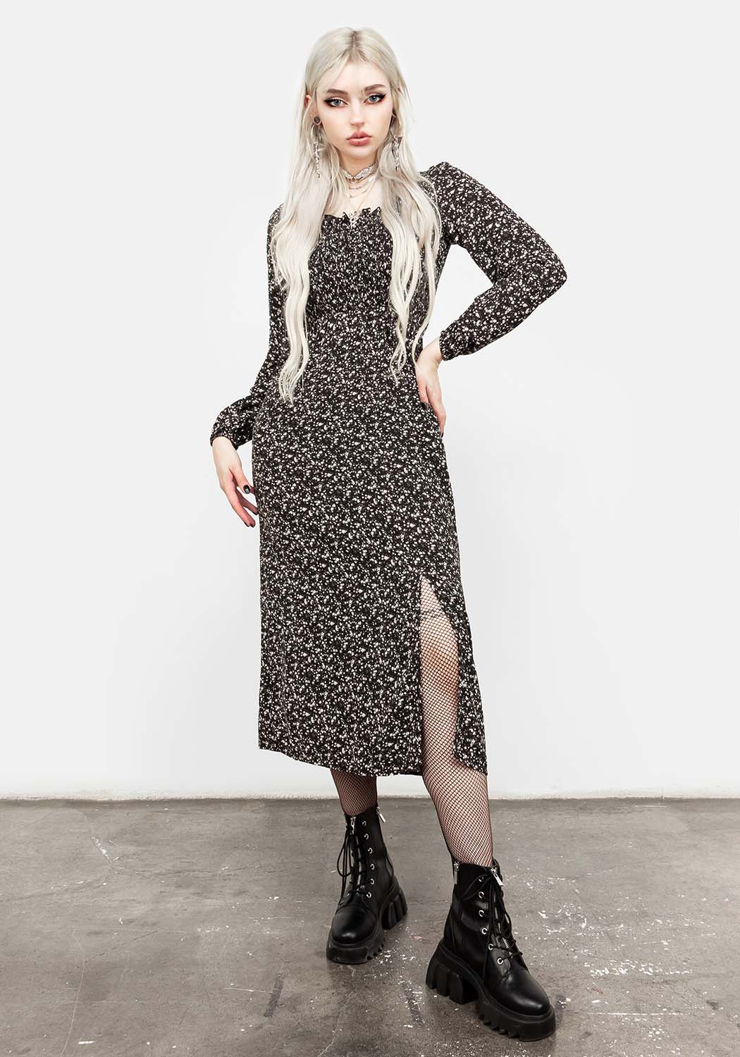 Floral Shirred Midi Dress with Pockets & Side Split | Milkweed