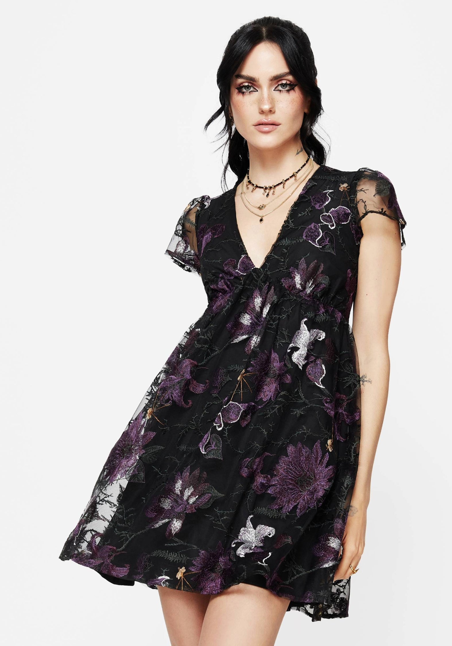 Black Embroidered Mesh Mini Dress with Floral Lace | Estrid