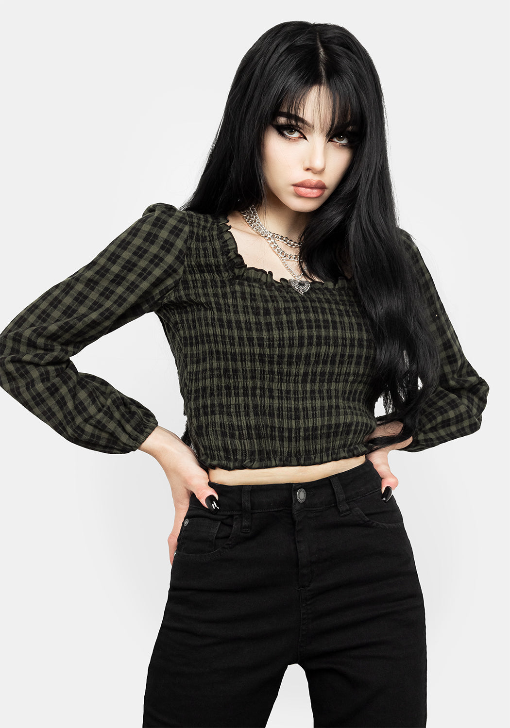 Green Gingham Shirred Crop Top with Ruffled Hem | Terra