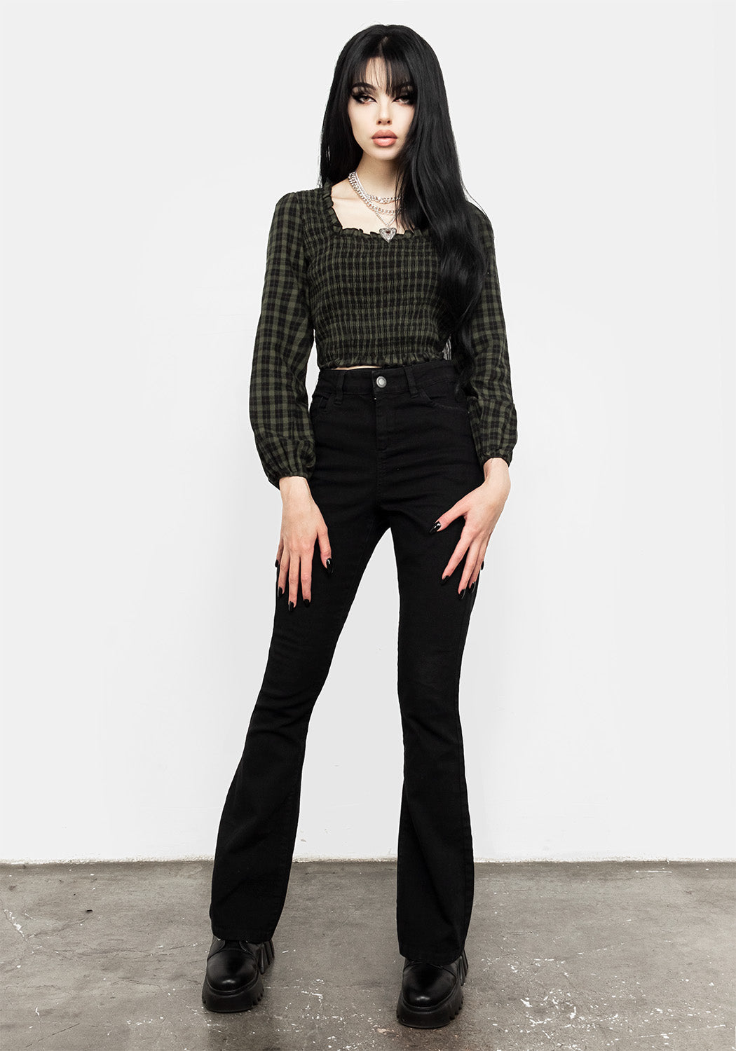 Green Gingham Shirred Crop Top with Ruffled Hem | Terra