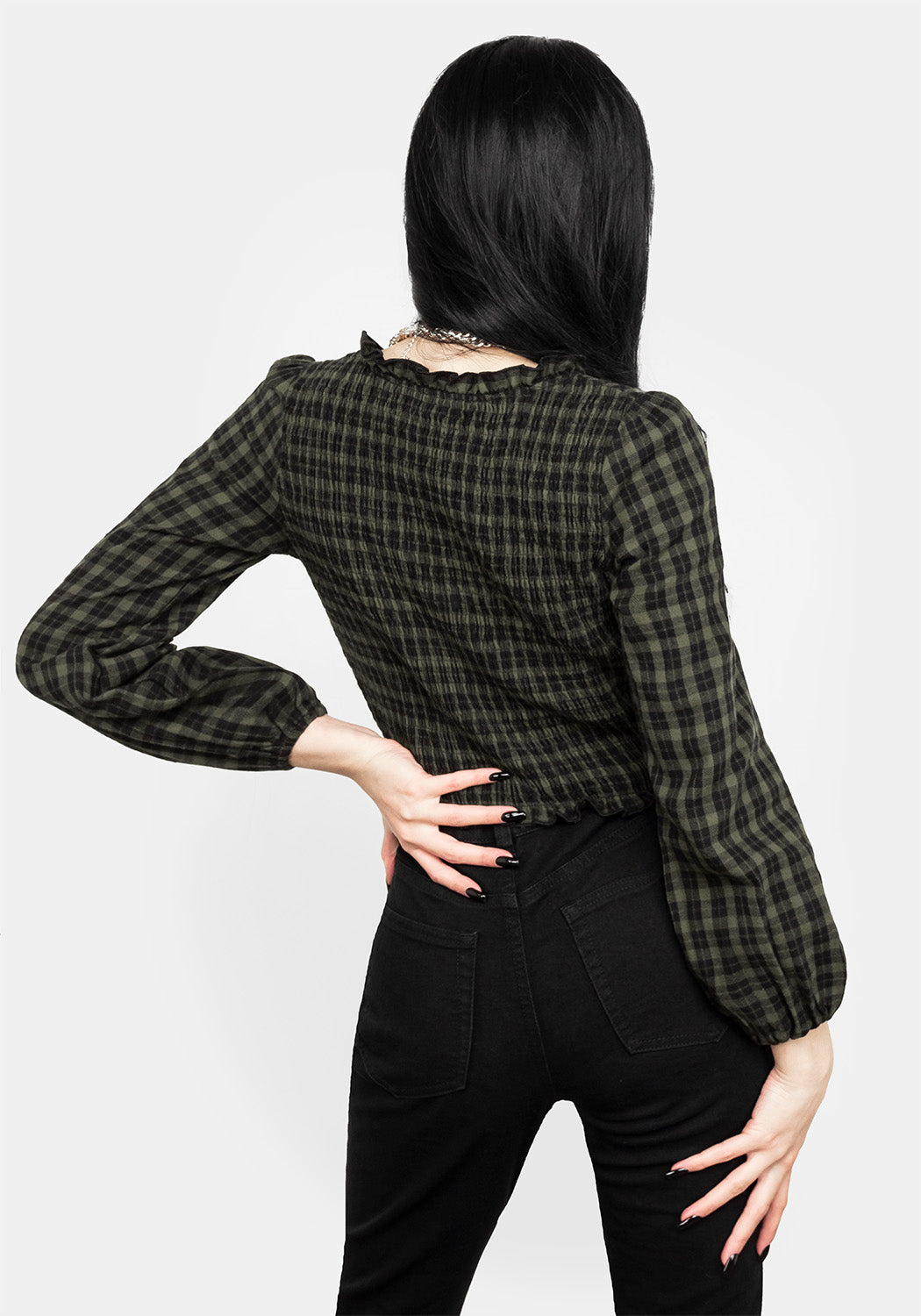 Green Gingham Shirred Crop Top with Ruffled Hem | Terra