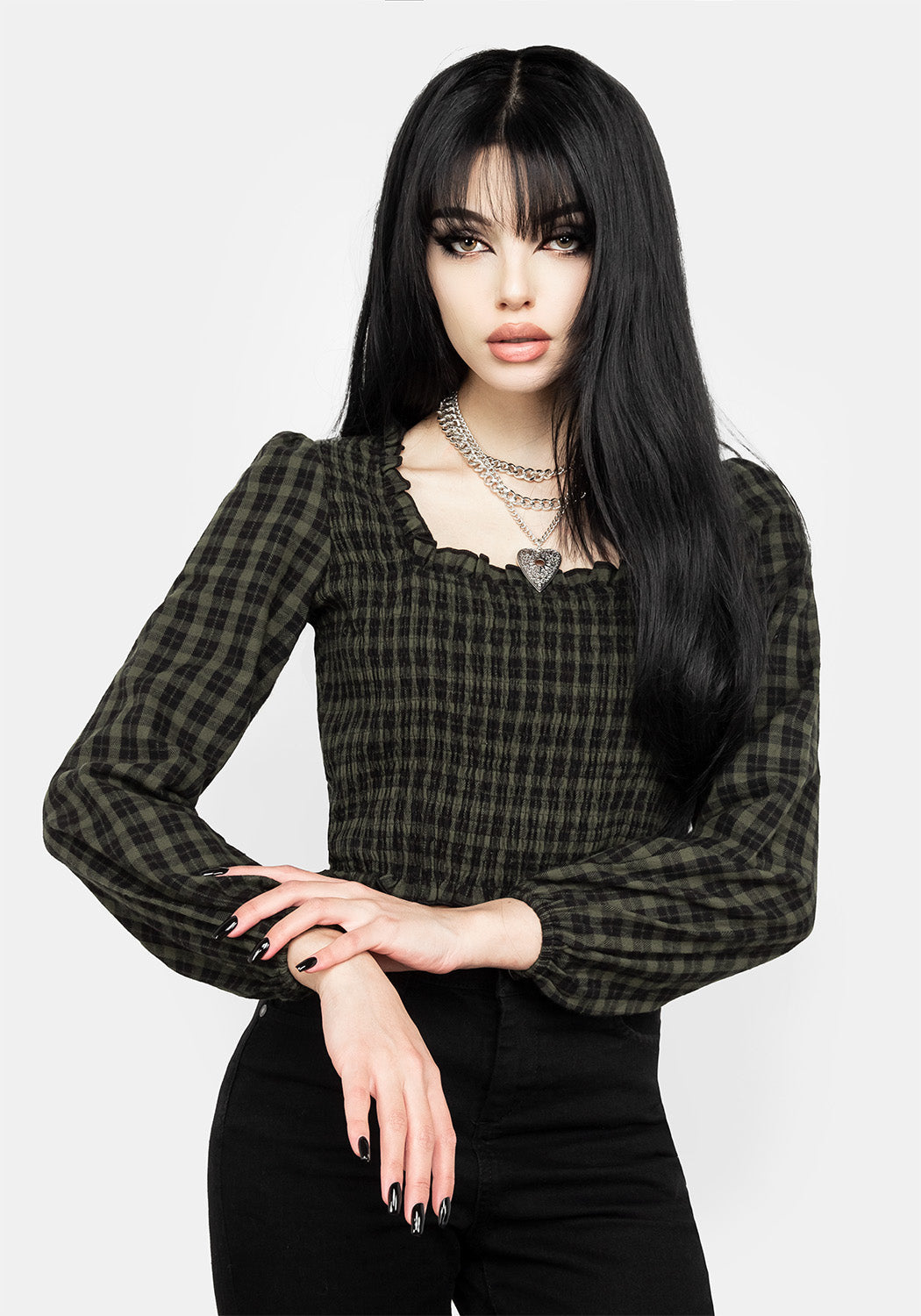 Green Gingham Shirred Crop Top with Ruffled Hem | Terra
