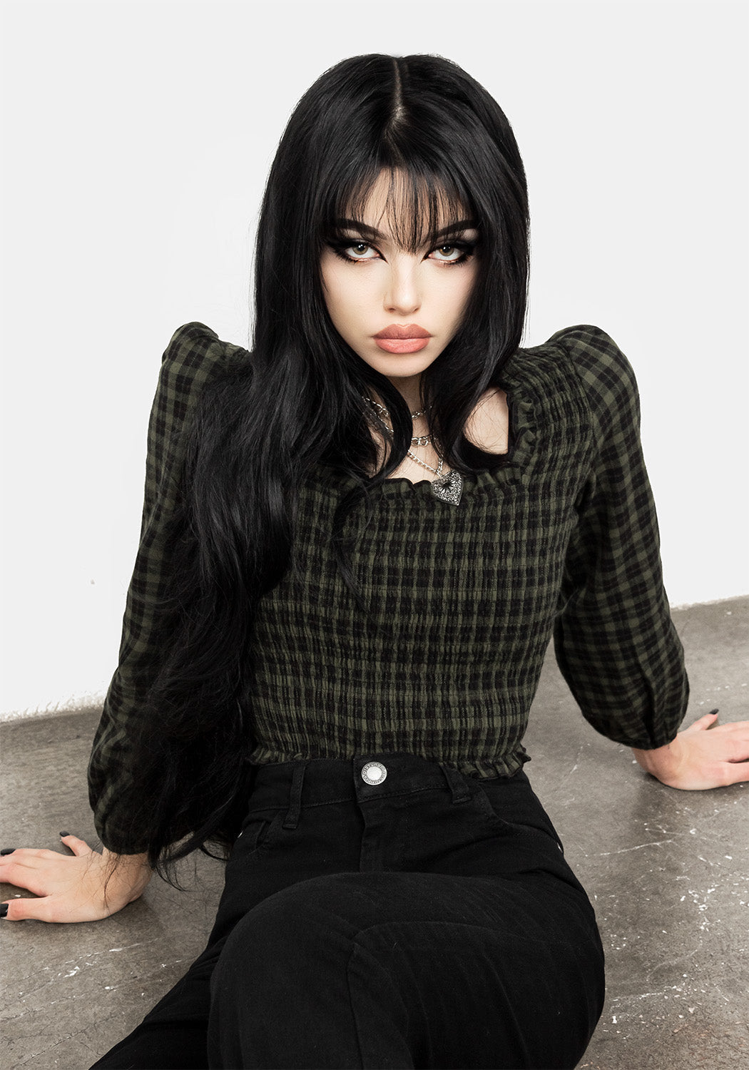 Green Gingham Shirred Crop Top with Ruffled Hem | Terra