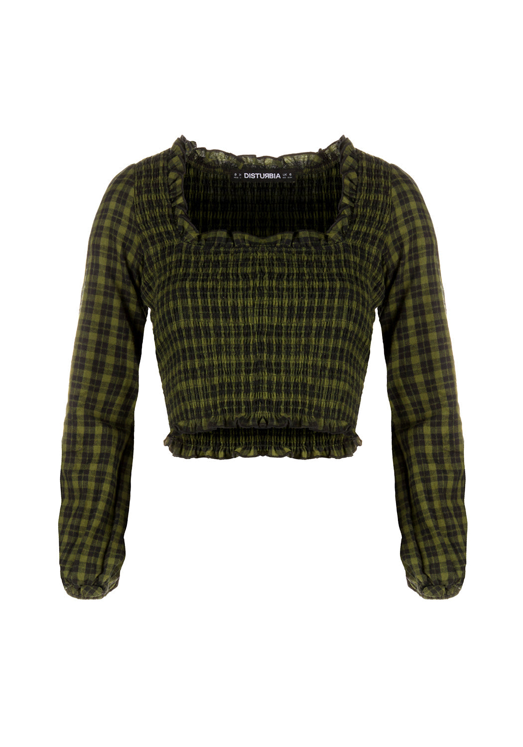 Green Gingham Shirred Crop Top with Ruffled Hem | Terra