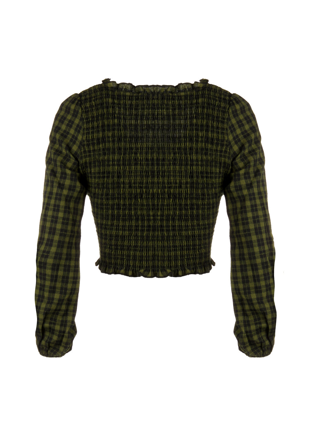 Green Gingham Shirred Crop Top with Ruffled Hem | Terra