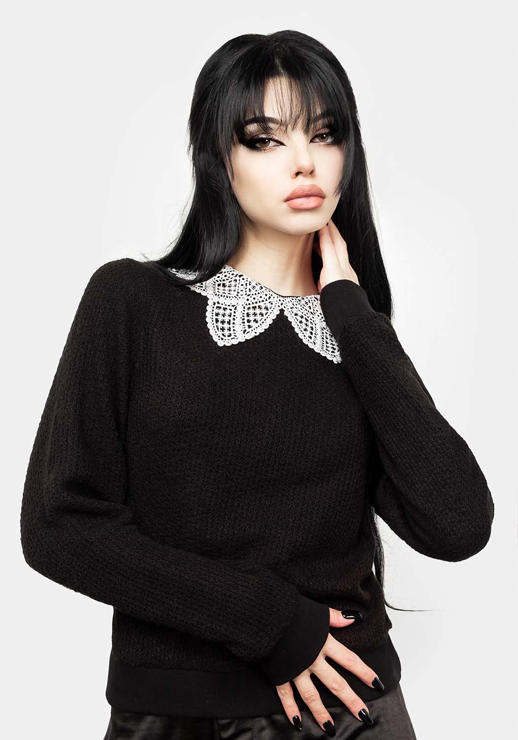 Black Knit Sweater with Lace Collar & Pearl Detail | Sanctum