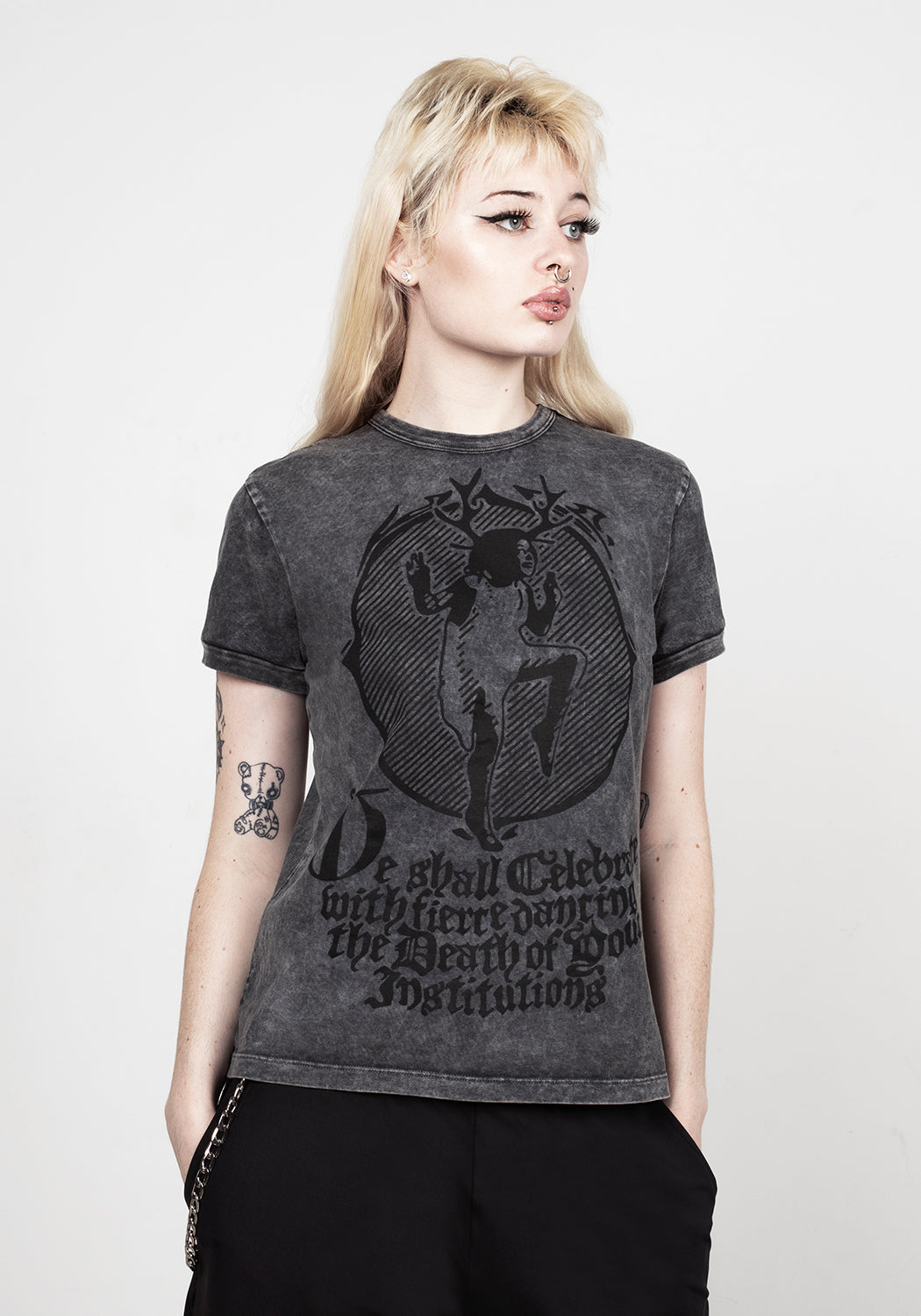 Dark Grey Graphic Print Cotton Tee with Wild Woman Design | Deathdanse
