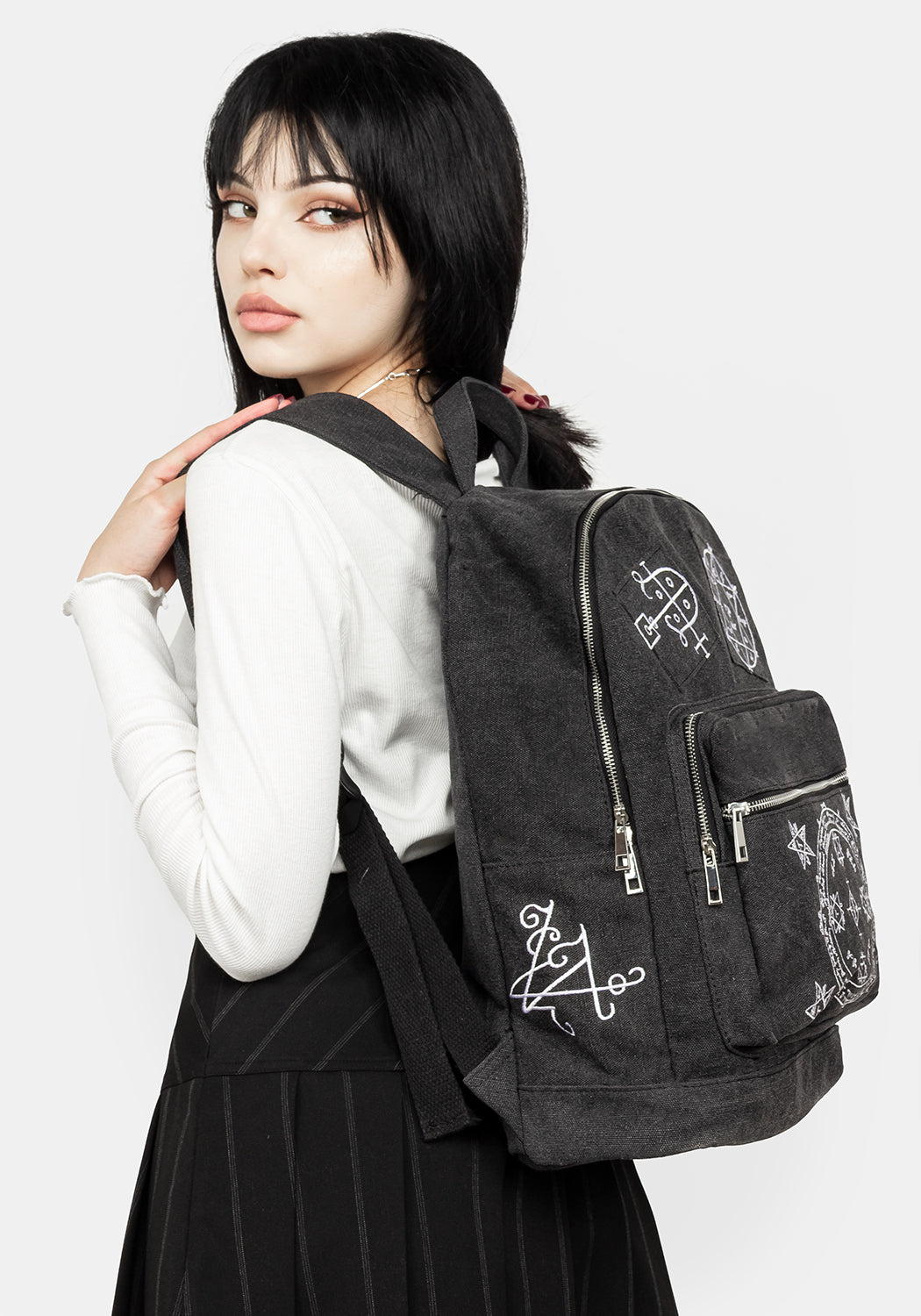 Grey Canvas Backpack with Occult Embroidery & Adjustable Straps | Vanish