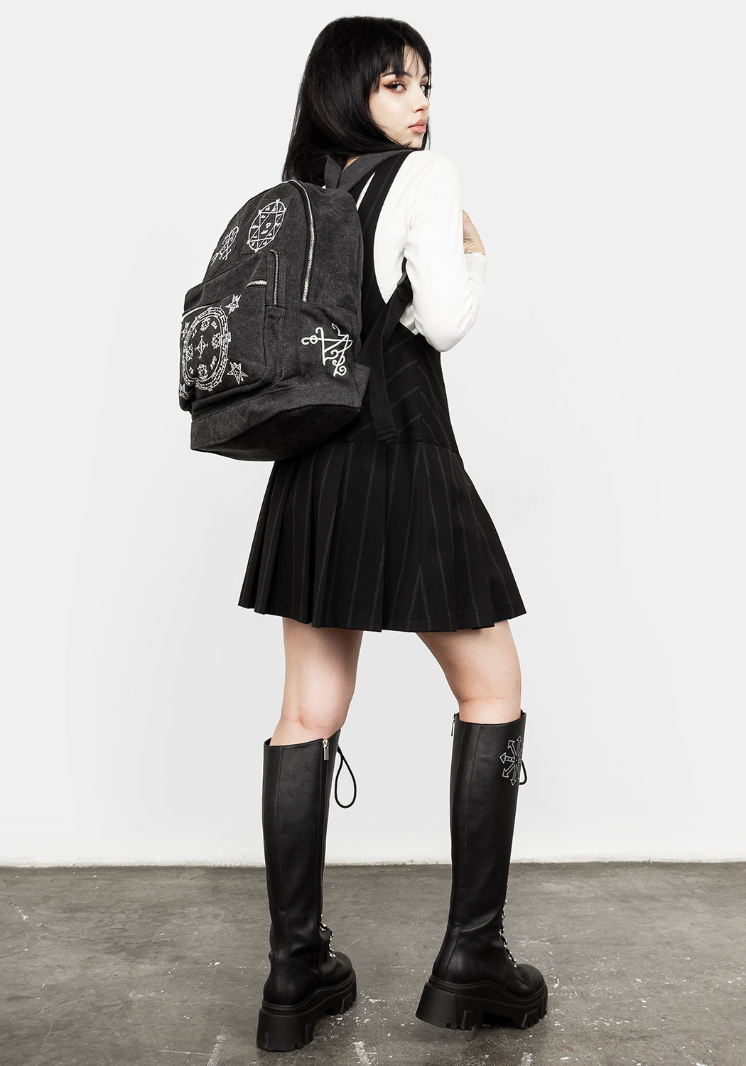 Grey Canvas Backpack with Occult Embroidery & Adjustable Straps | Vanish
