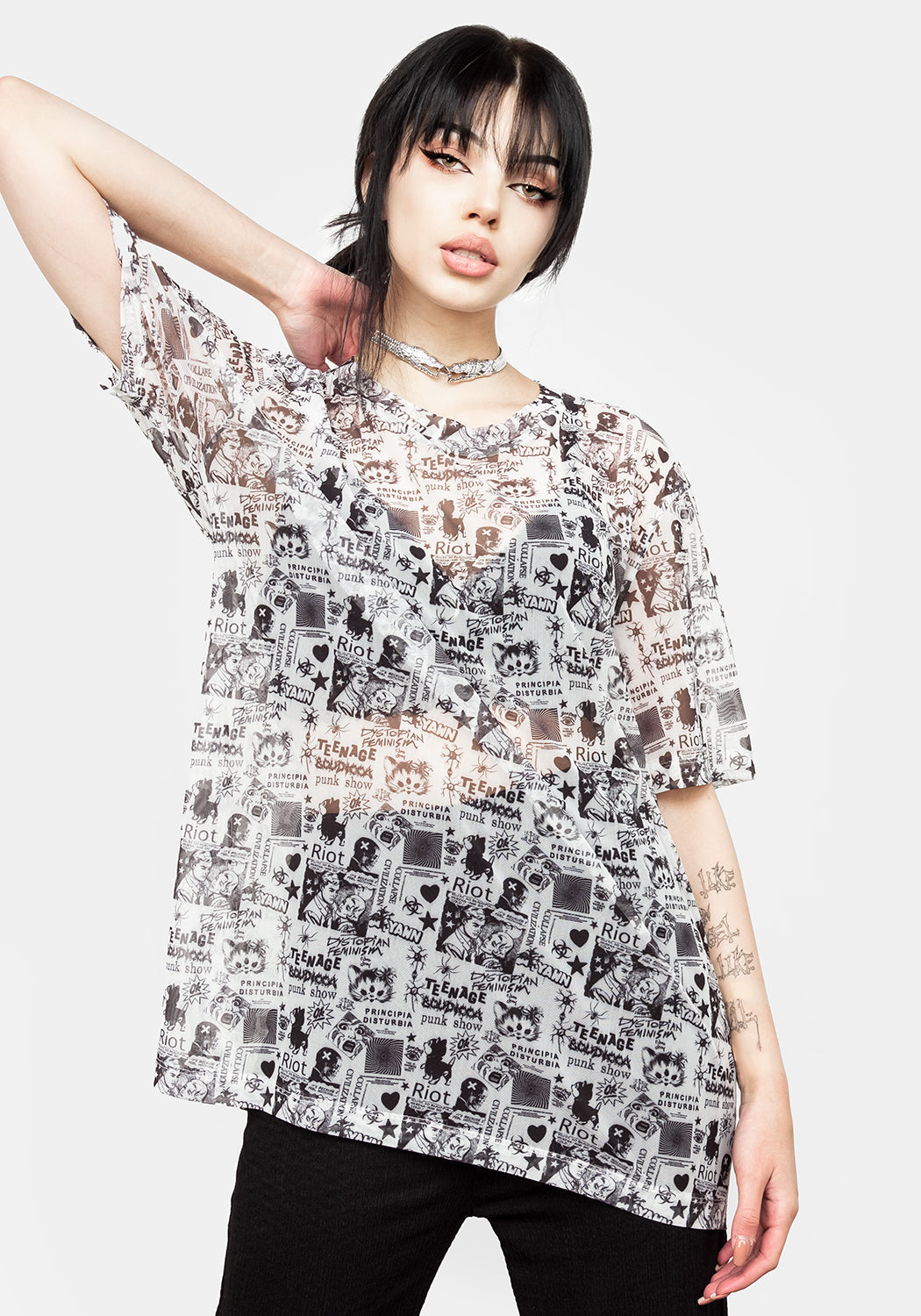 Oversized Mesh Tee with Punk Print | Riot Grrrl Style