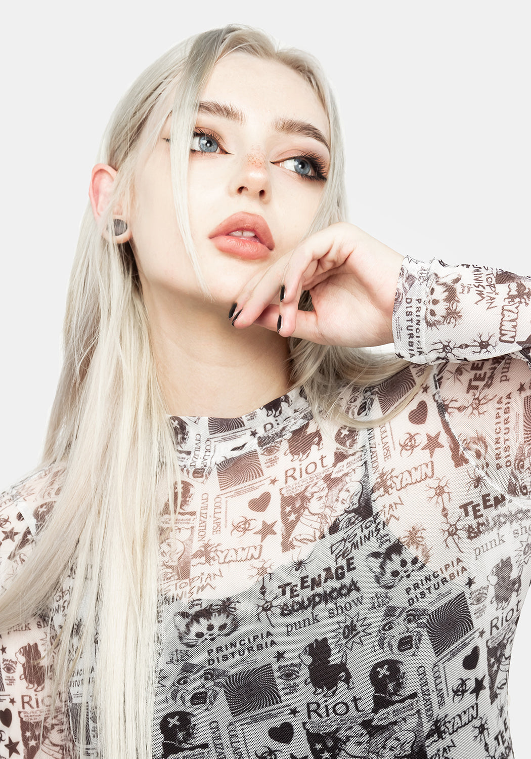 Long Sleeve Mesh Bodysuit with Punk Feminist Print | Riot Grrl Style