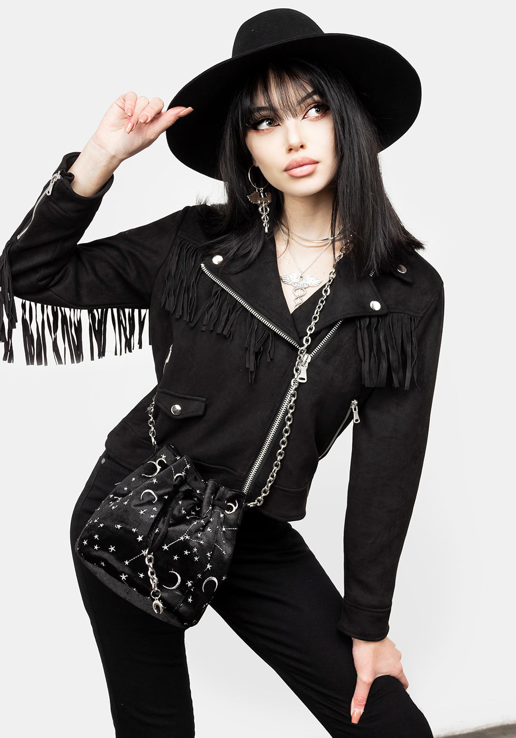 Velvet Moon & Star Pouch Bag with Silver Chain | Celestial