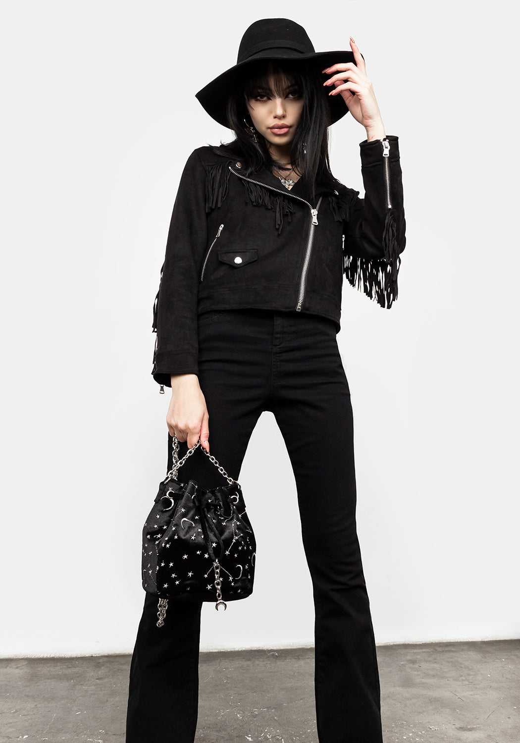 Velvet Moon & Star Pouch Bag with Silver Chain | Celestial