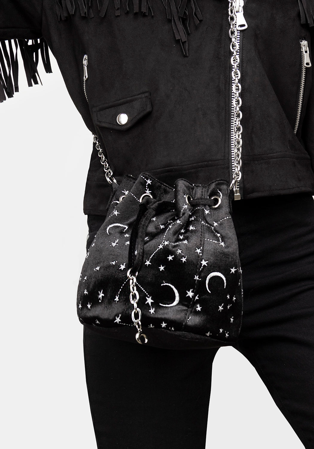 Velvet Moon & Star Pouch Bag with Silver Chain | Celestial