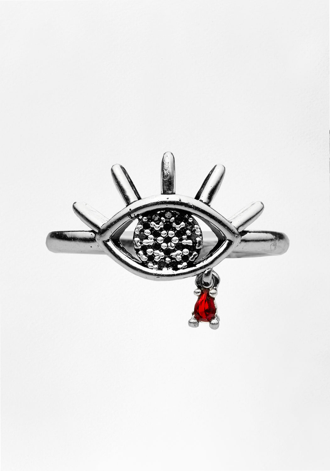 Gothic Ruby & CZ Eye Ring with Silver Band | Vampire Jewelry