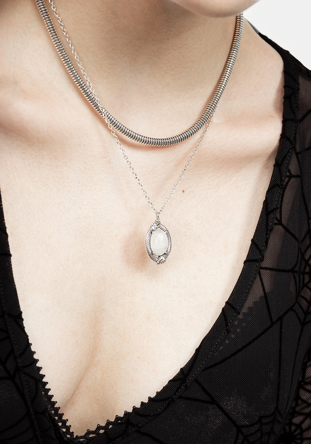 Moonstone Serpent Necklace with Multi-Chain & Silver Plating