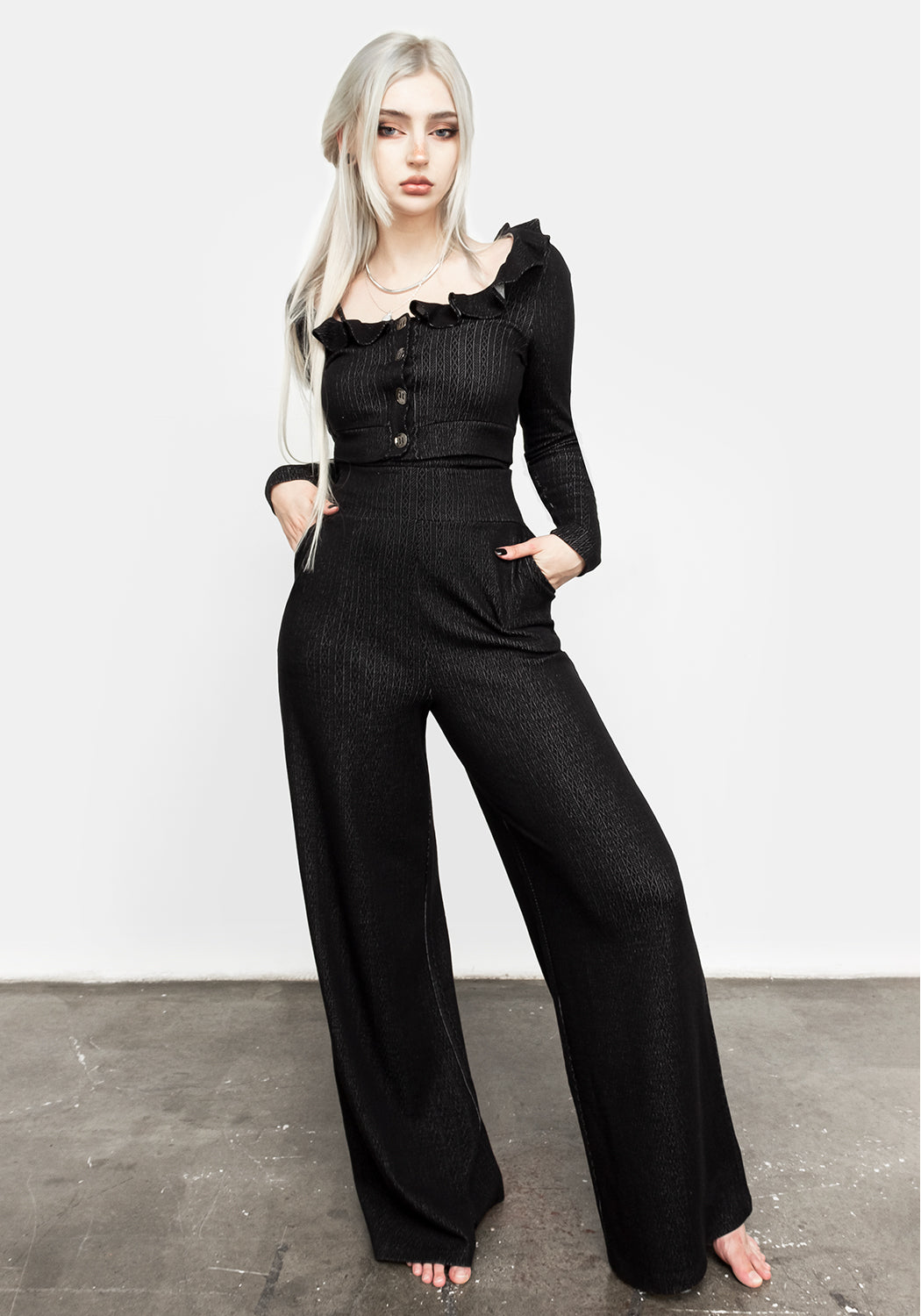 Black Pointelle Lounge Pants with Wide Legs & Pockets | Morana