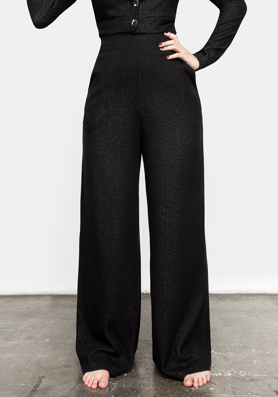Black Pointelle Lounge Pants with Wide Legs & Pockets | Morana