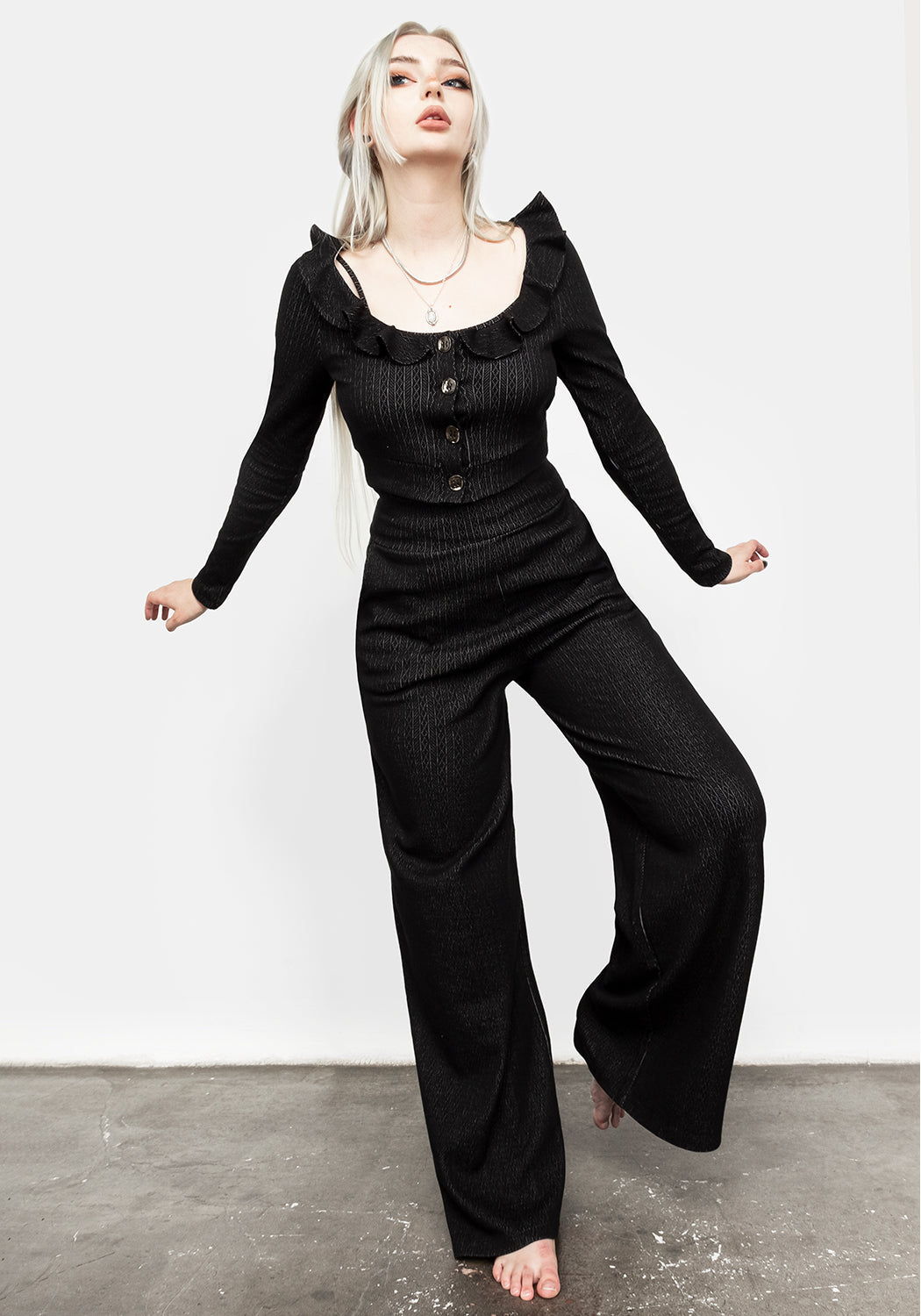 Black Pointelle Lounge Pants with Wide Legs & Pockets | Morana