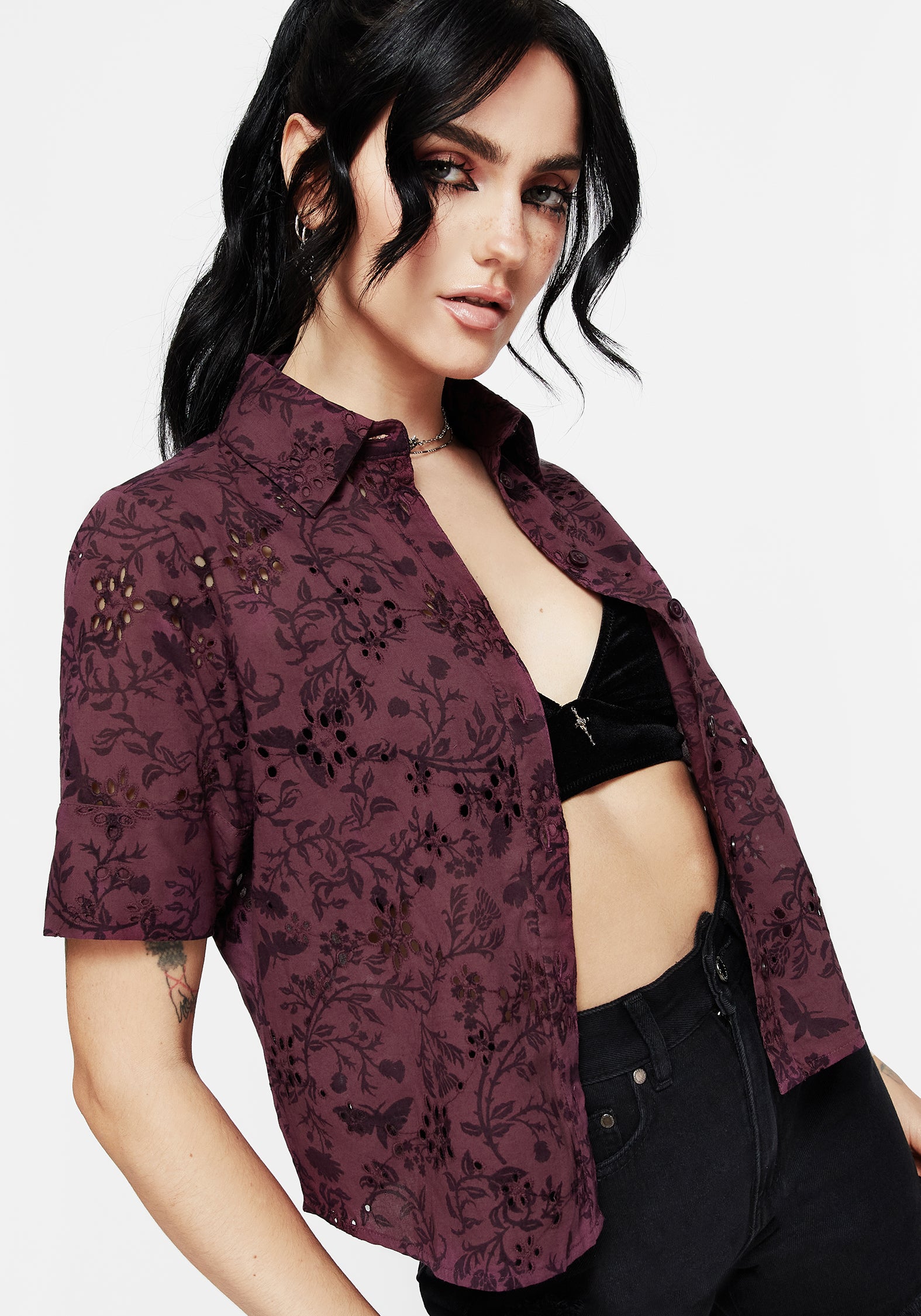 Floral Moth Print Cotton Broderie Button Up Shirt | Morgana