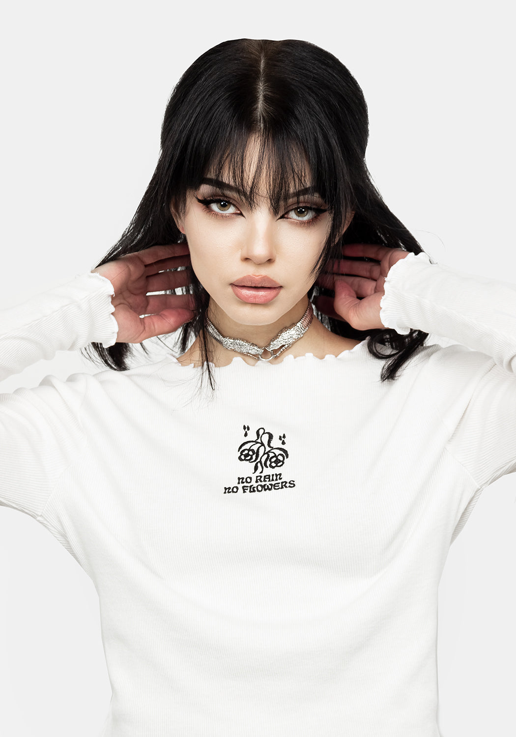 White Ribbed Cropped Top with Floral Embroidery | No Rain No Flowers