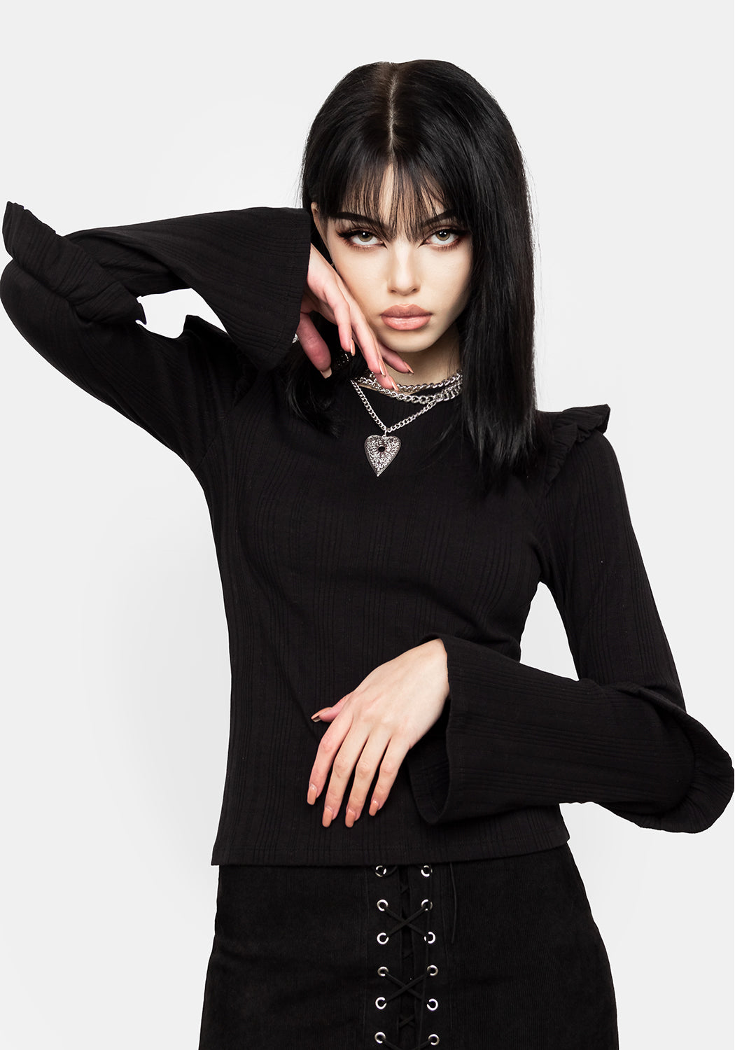 Black Flare Sleeve Ruffle Top with Ruffled Shoulders | Wilhelmina