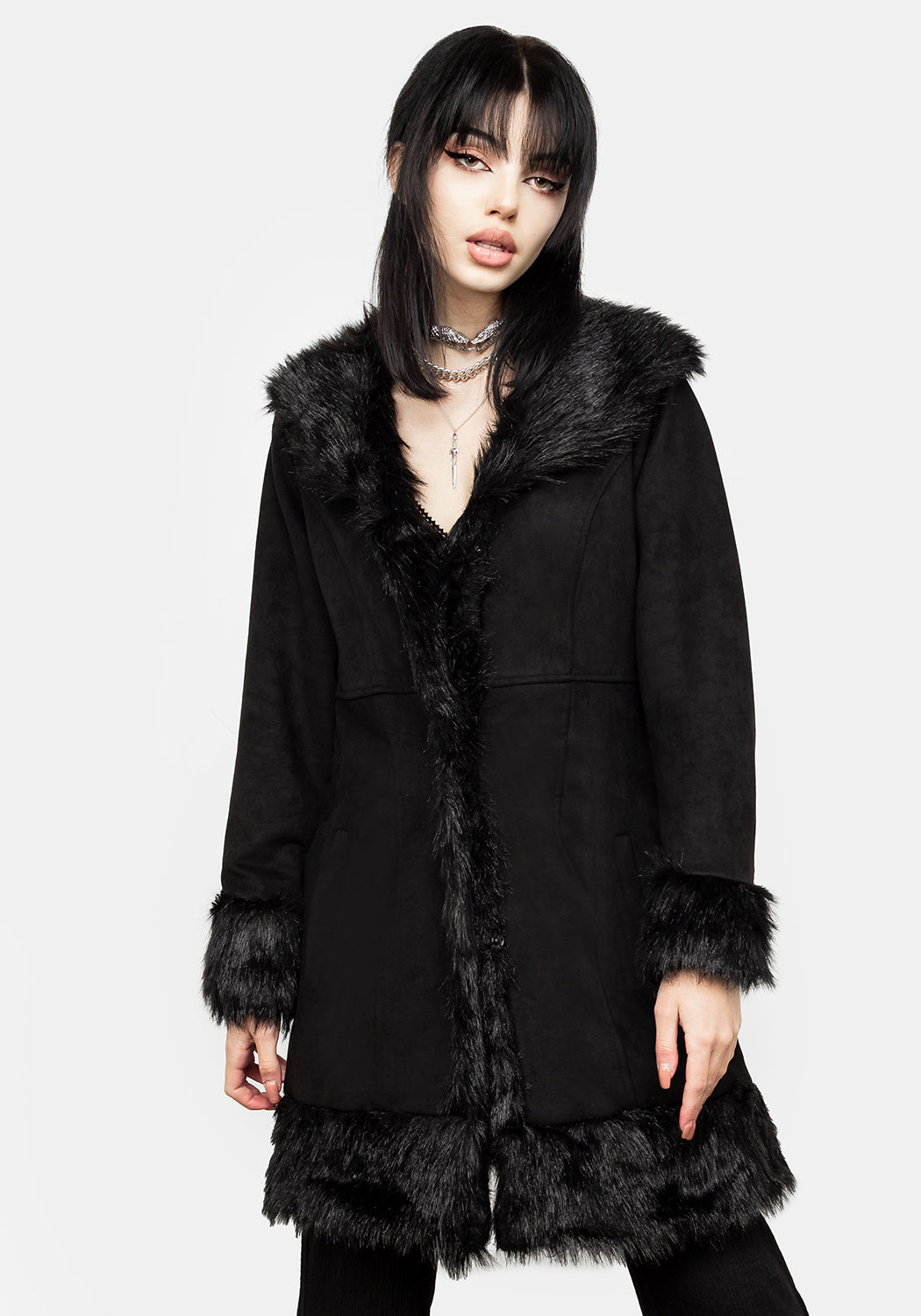Black Faux Fur Trim Penny Lane Coat | Runaway Vintage Style