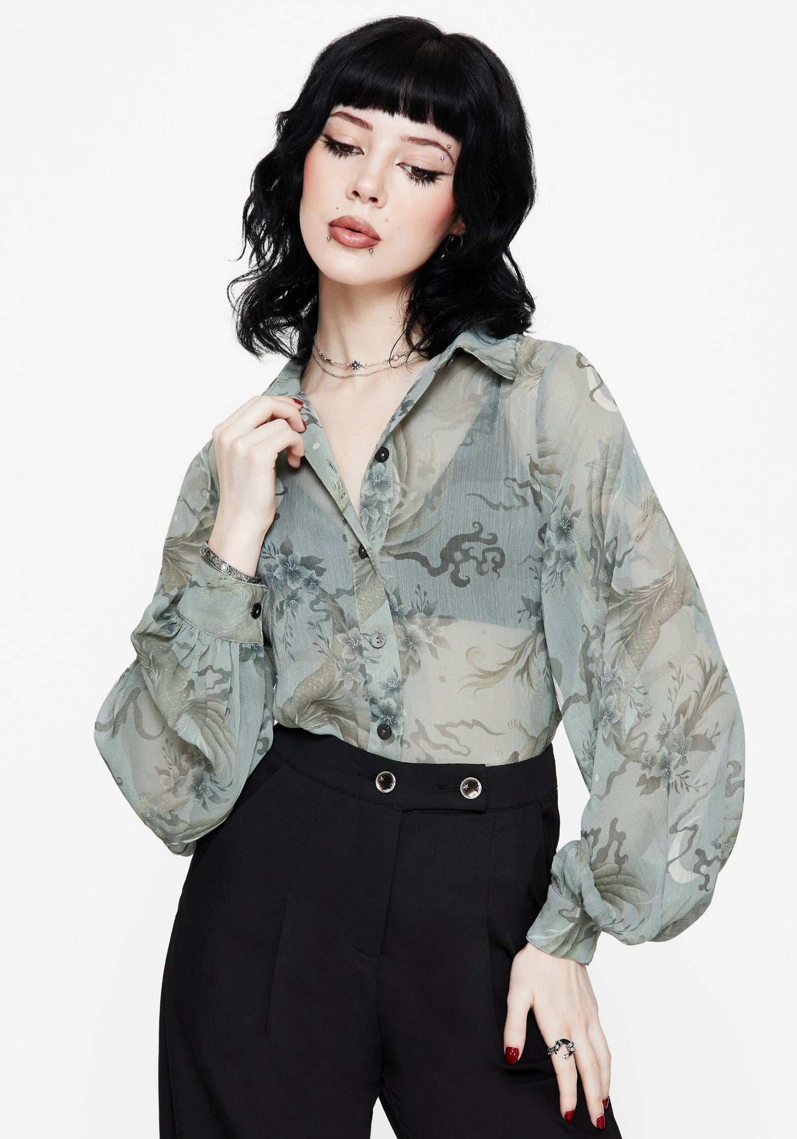 Pale Blue Chiffon Dragon Print Button Up Shirt | Sapphira